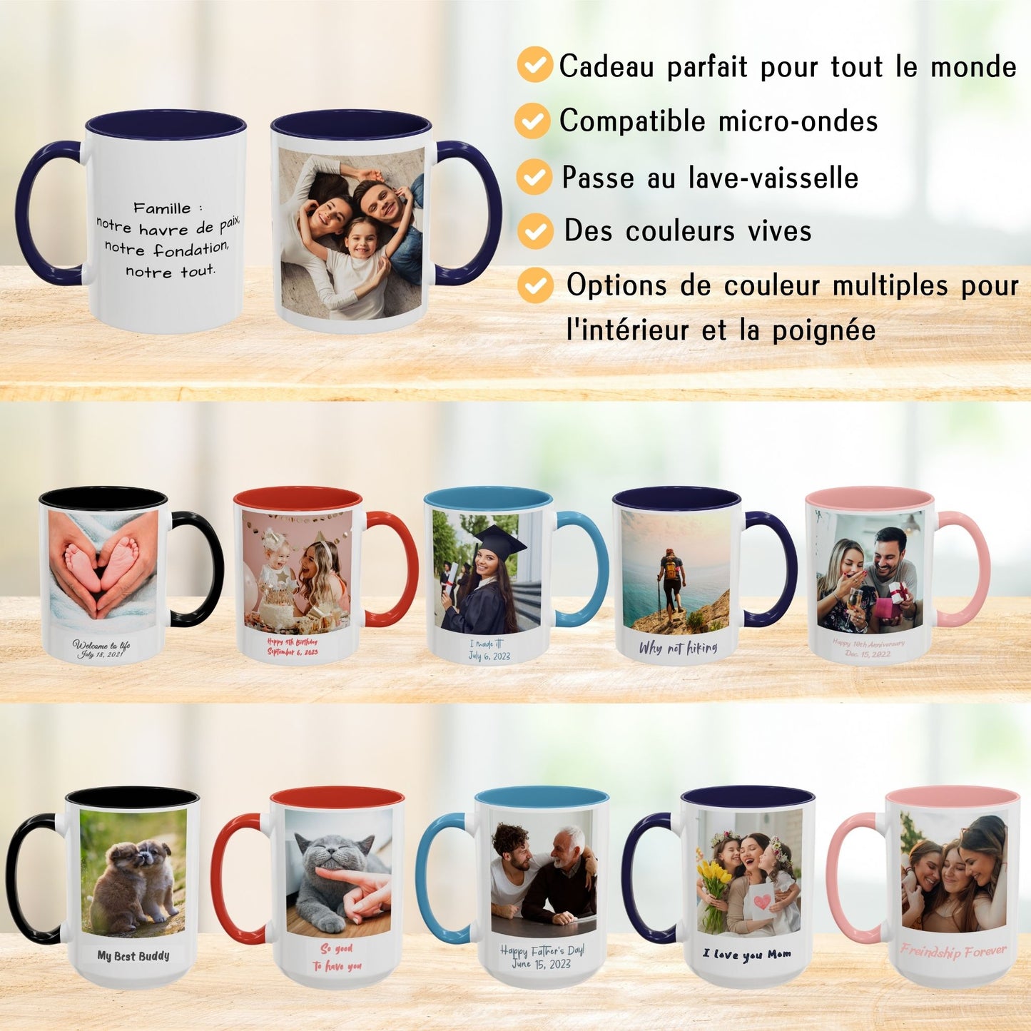 Mug personnalisé, Mug à café en céramique blanc/bleu marine de 325 ml à motif carré, Cadeau personnalisé avec photo, texte ou logo