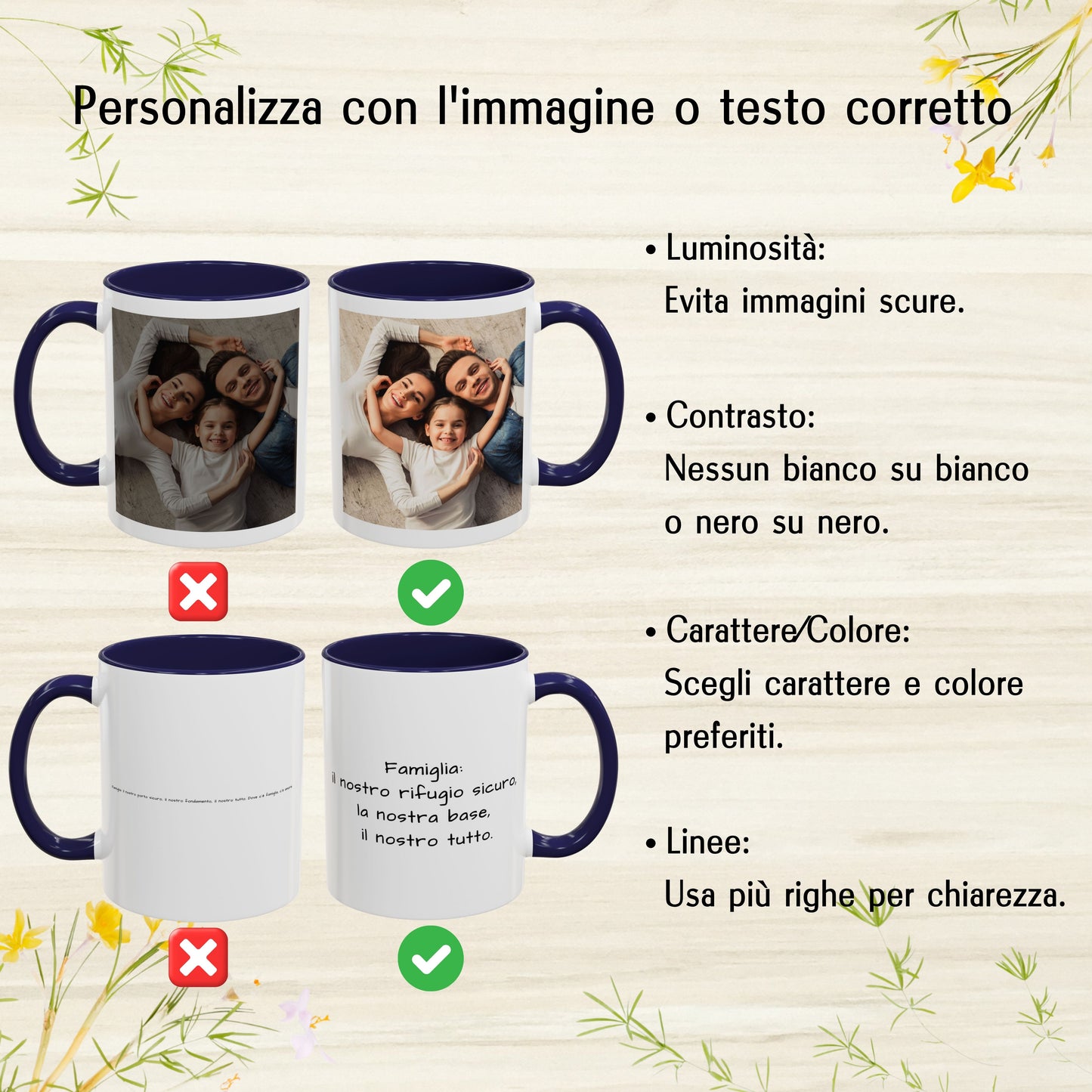 Tazza personalizzata, 325 ml Bianco/blu navy Design quadrato Tazza da caffè in ceramica, Regalo personalizzato con foto, testo o logo