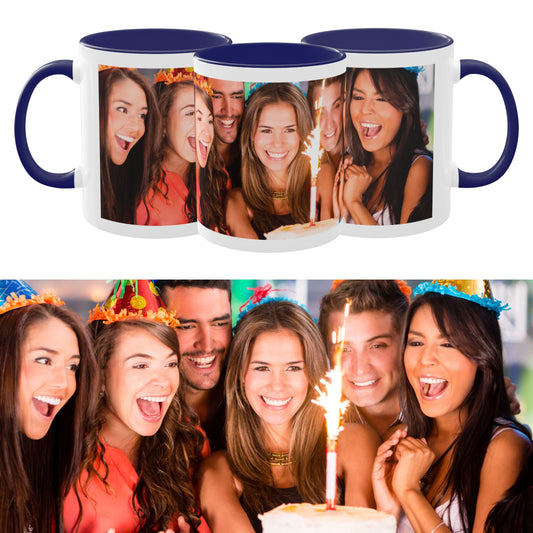 Custom Mug, 11oz White/Blue Wrap Around Design Ceramic Coffee Mug, Personalized Gift with Photo, Text or Logo