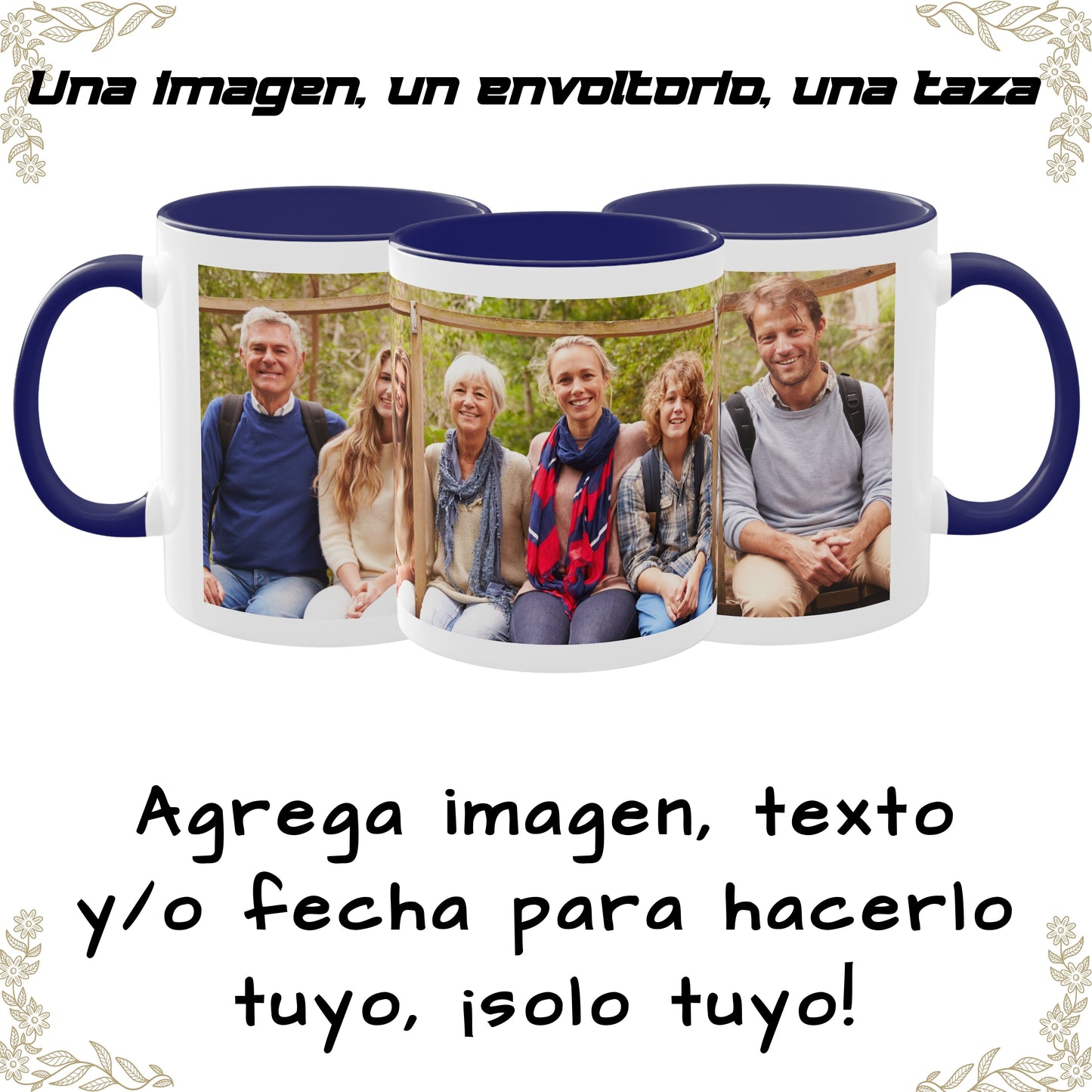 Taza personalizada, 325ml Blanco/azul Diseño envolvente Cerámica Taza de café, Regalo personalizado con foto, texto o logo