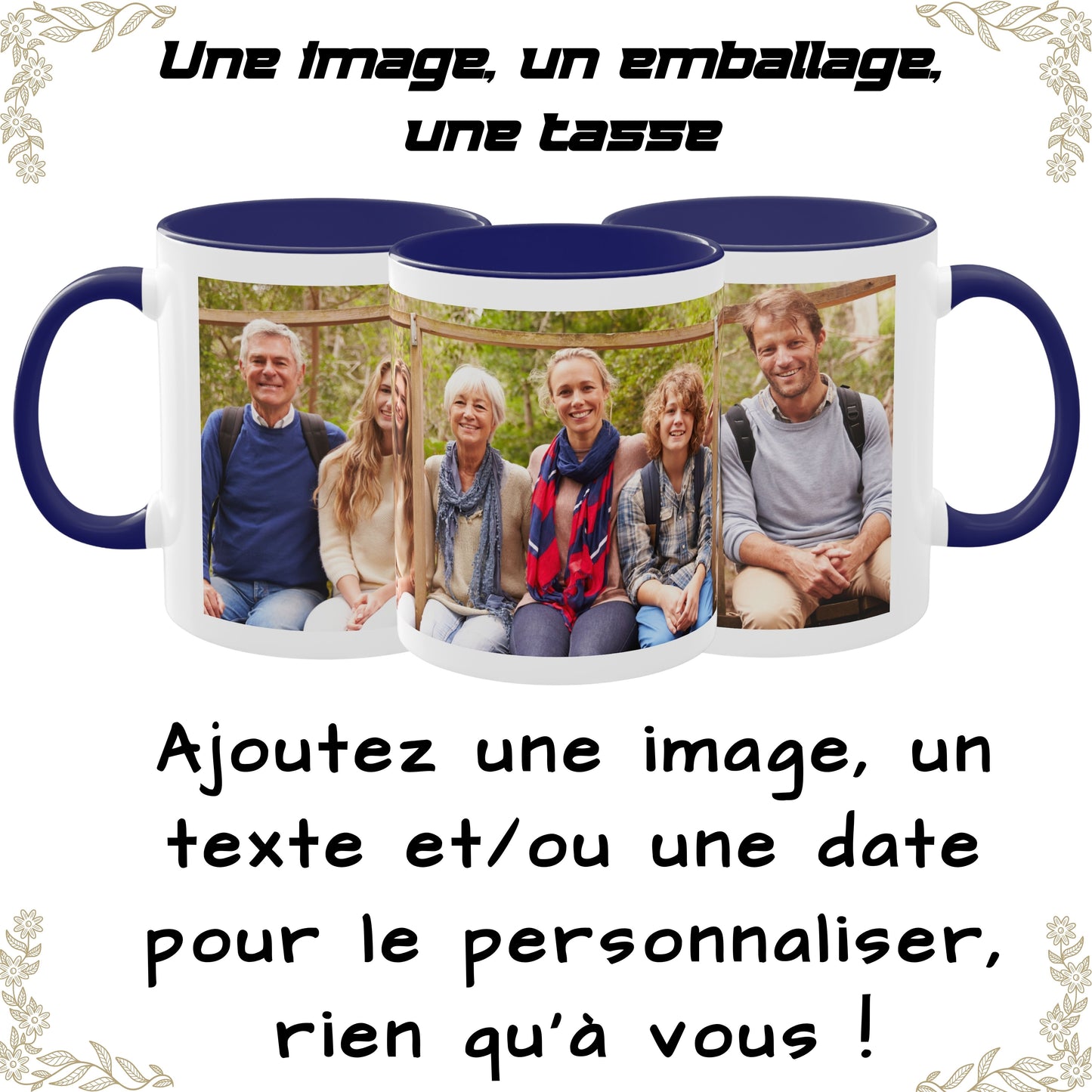 Tasse mit individuellem Design, 325 ml, weiß/blau, vollflächiges Design, Keramik-Kaffeetasse, personalisiertes Geschenk mit Foto, Text oder Logo