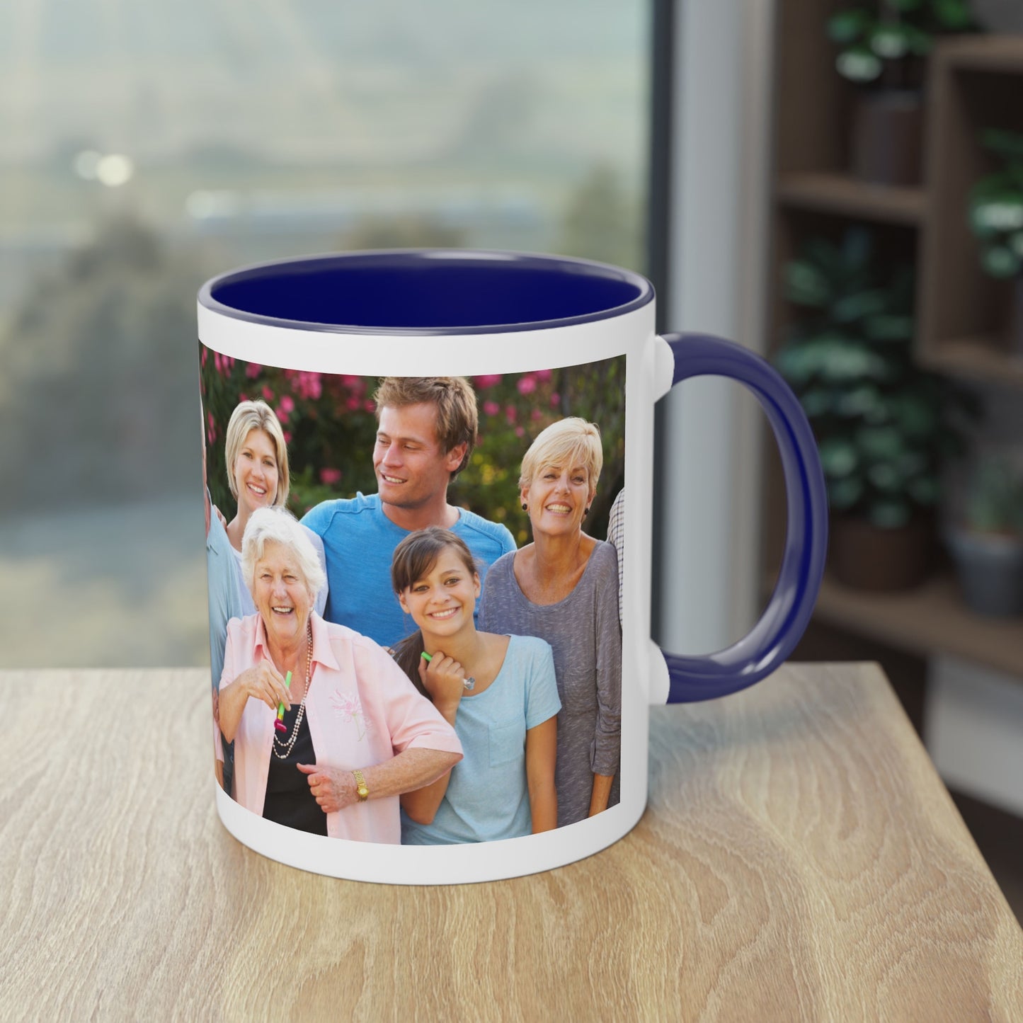 Tasse mit individuellem Design, 325 ml, weiß/blau, vollflächiges Design, Keramik-Kaffeetasse, personalisiertes Geschenk mit Foto, Text oder Logo