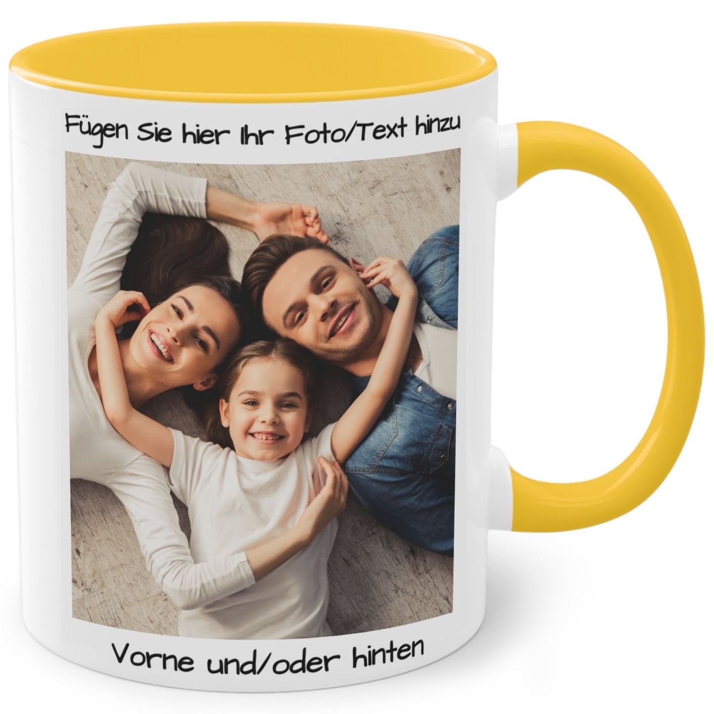 Personalisierte Tasse, weiß/goldgelb, 325 ml, Geschenkidee mit Foto, Text oder Logo, quadratisches Design