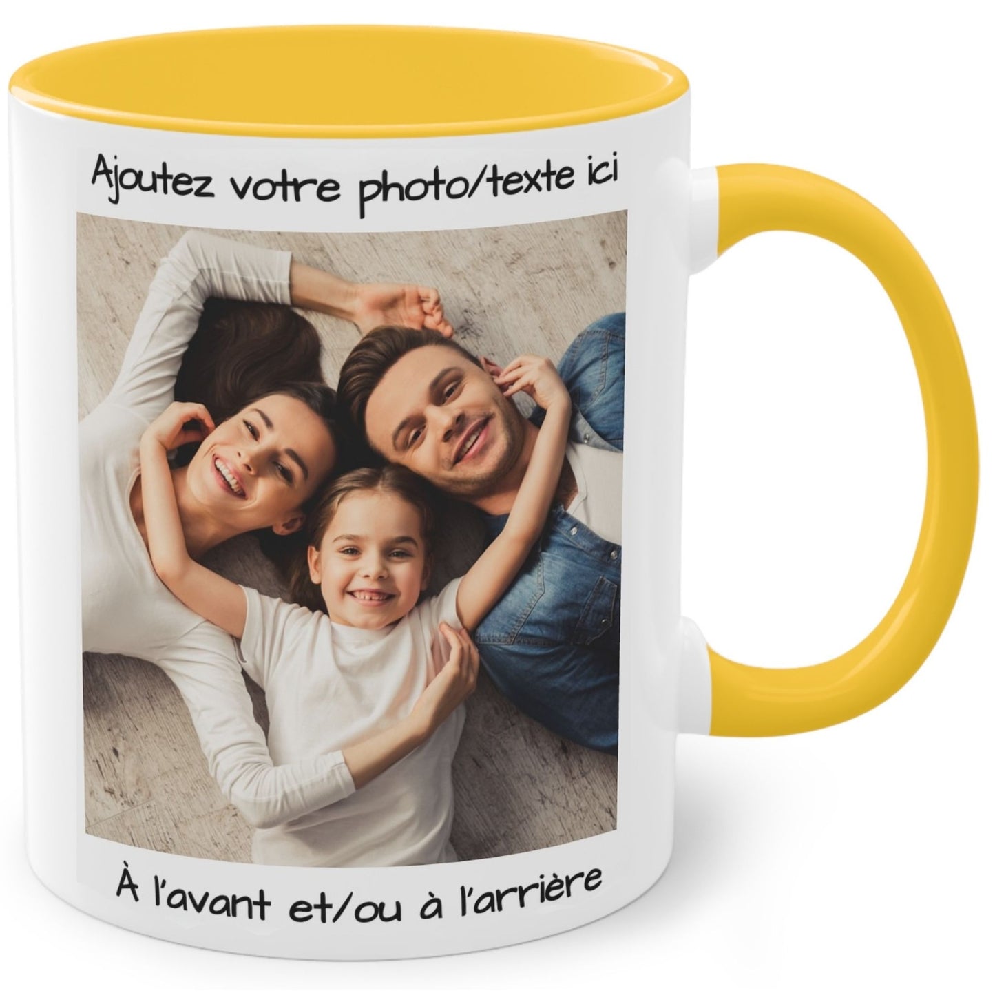 Mug personnalisé, 325 ml, céramique, motif carré blanc/jaune doré, personnalisable avec photo, texte ou logo