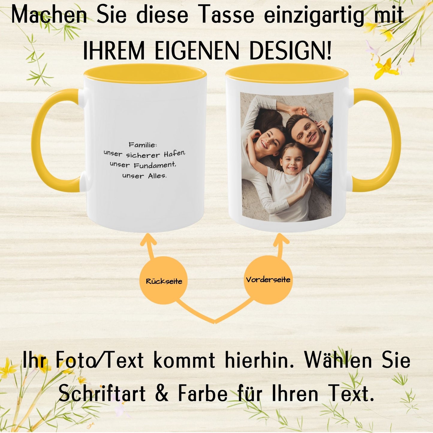 Personalisierte Tasse, weiß/goldgelb, 325 ml, Geschenkidee mit Foto, Text oder Logo, quadratisches Design