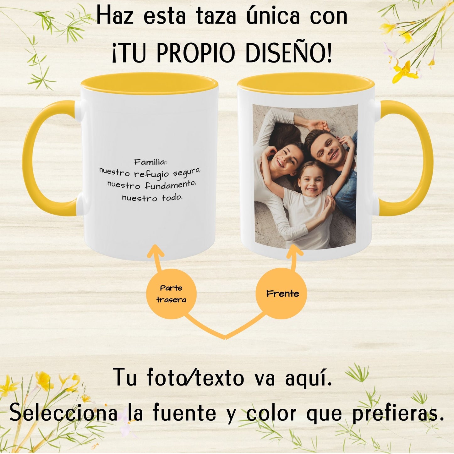 Tasse personnalisée, 325 ml Blanc/Jaune doré Motif carré Céramique Tasse à café, Cadeau personnalisé avec photo, texte ou logo