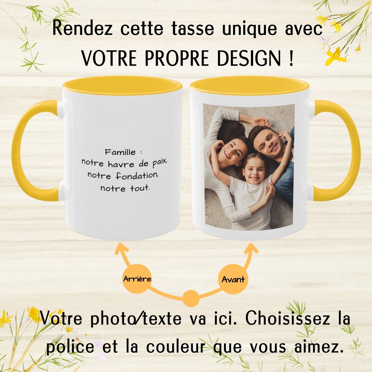 Mug personnalisé, 325 ml, céramique, motif carré blanc/jaune doré, personnalisable avec photo, texte ou logo