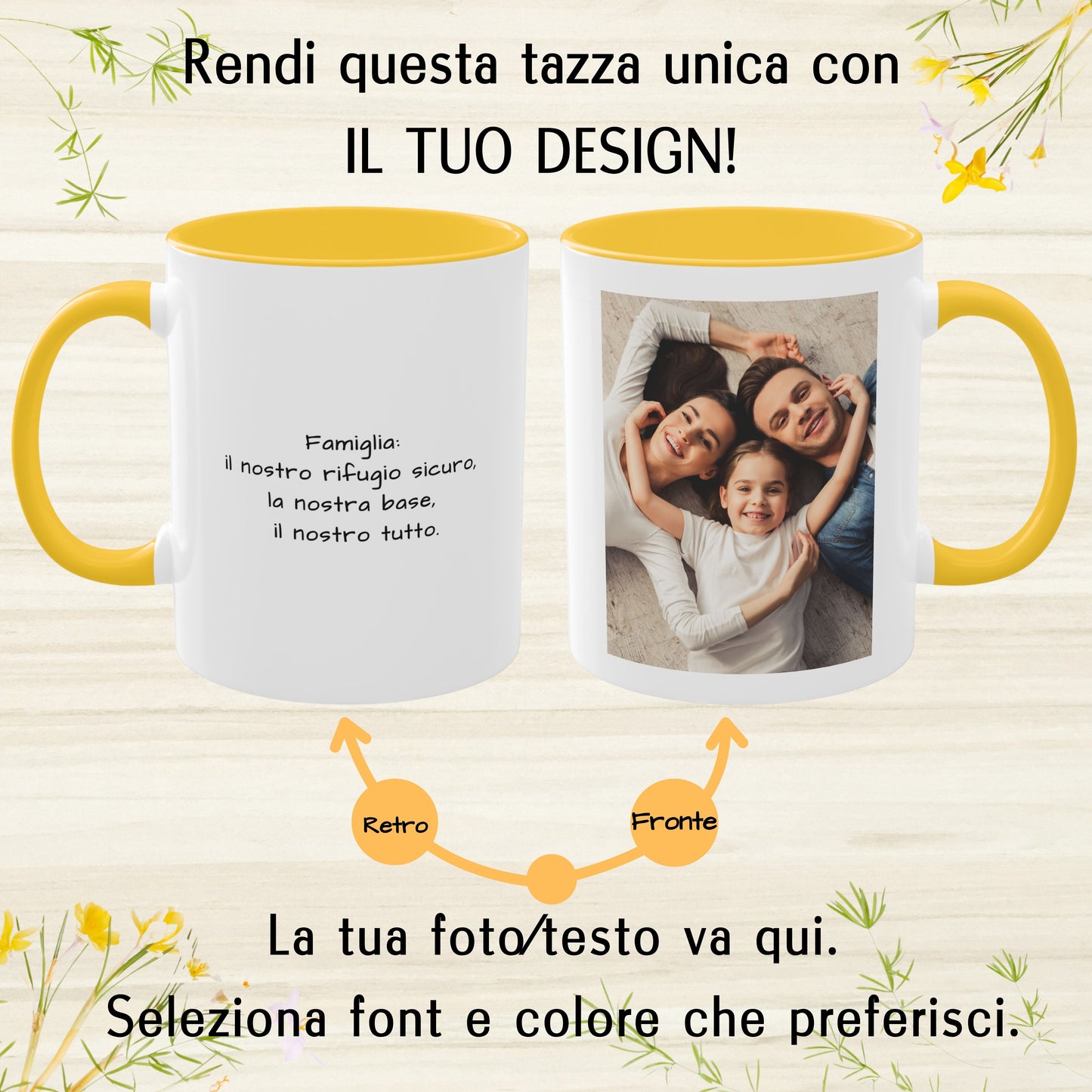 Tazza personalizzata, 325 ml Bianco/giallo dorato Design quadrato Tazza da caffè in ceramica, Regalo personalizzato con foto, testo o logo