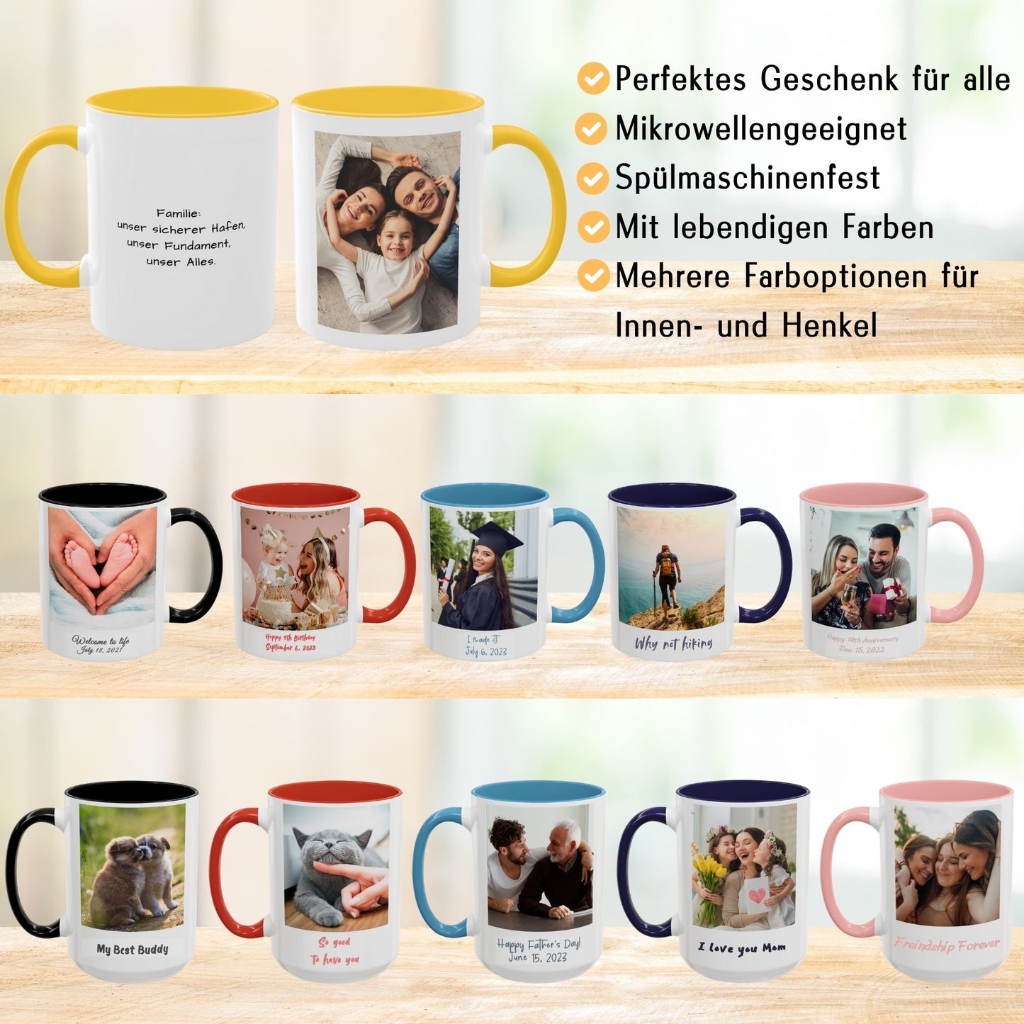 Personalisierte Tasse, weiß/goldgelb, 325 ml, Geschenkidee mit Foto, Text oder Logo, quadratisches Design