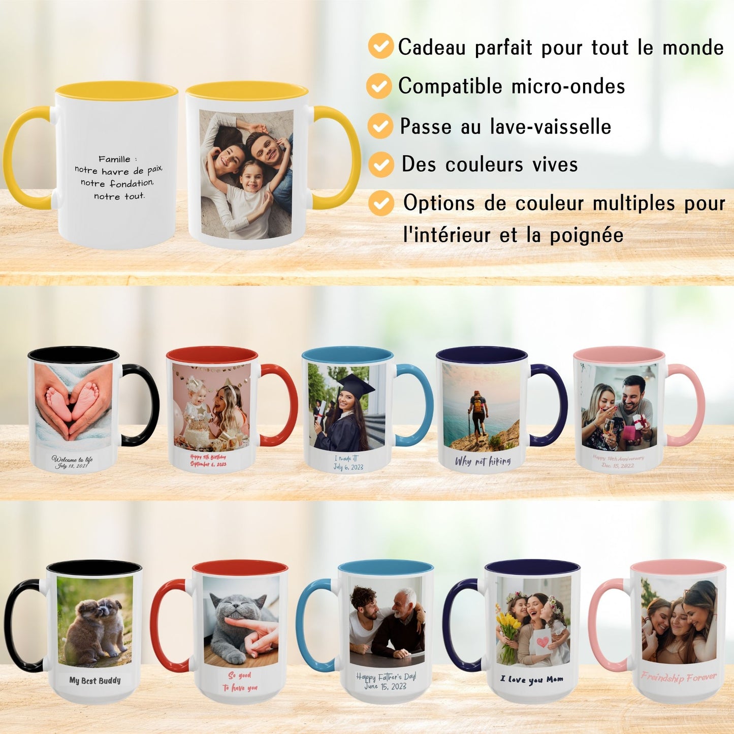 Mug personnalisé, 325 ml, céramique, motif carré blanc/jaune doré, personnalisable avec photo, texte ou logo