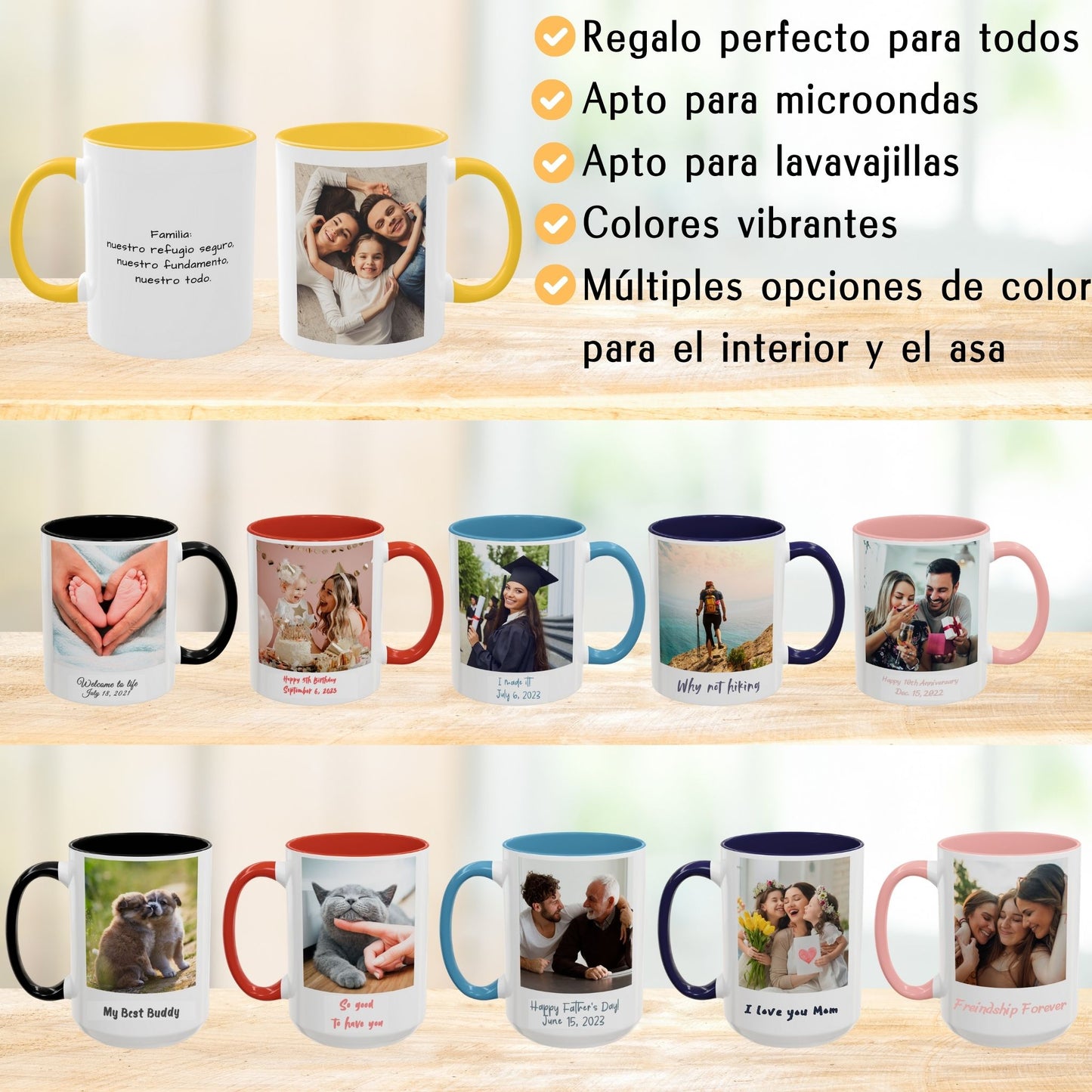 Tasse personnalisée, 325 ml Blanc/Jaune doré Motif carré Céramique Tasse à café, Cadeau personnalisé avec photo, texte ou logo