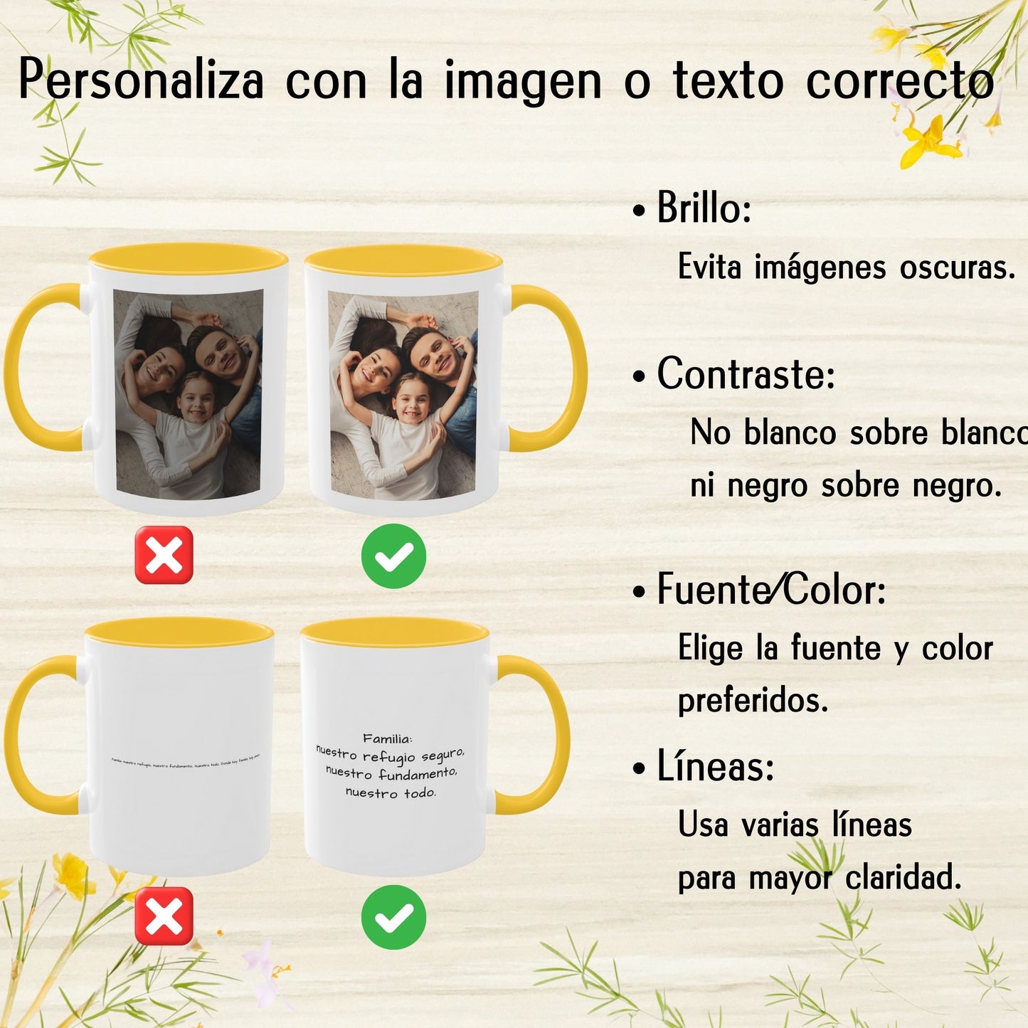 Tasse personnalisée, 325 ml Blanc/Jaune doré Motif carré Céramique Tasse à café, Cadeau personnalisé avec photo, texte ou logo