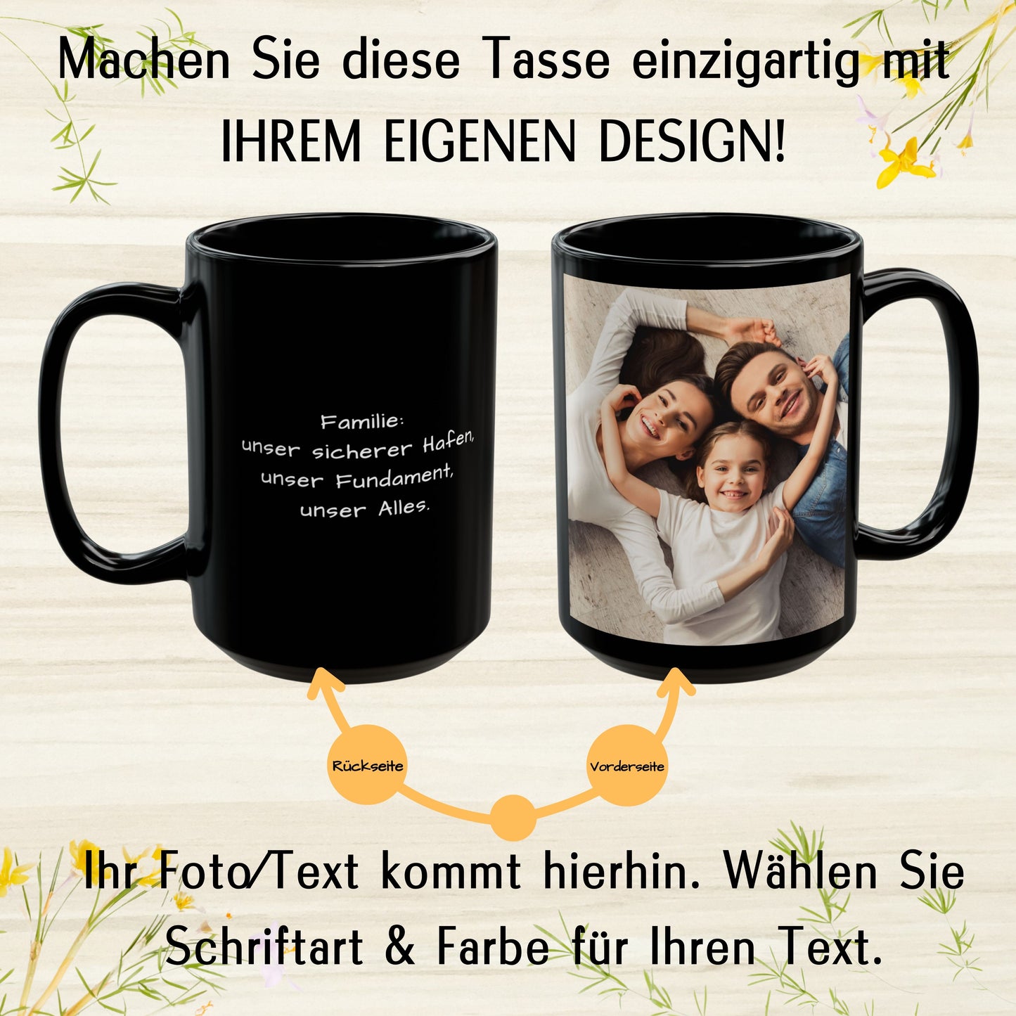 Mug personnalisé, Mug en céramique noir mat de 425 ml, Design carré, Cadeau personnalisé avec photo, texte ou logo