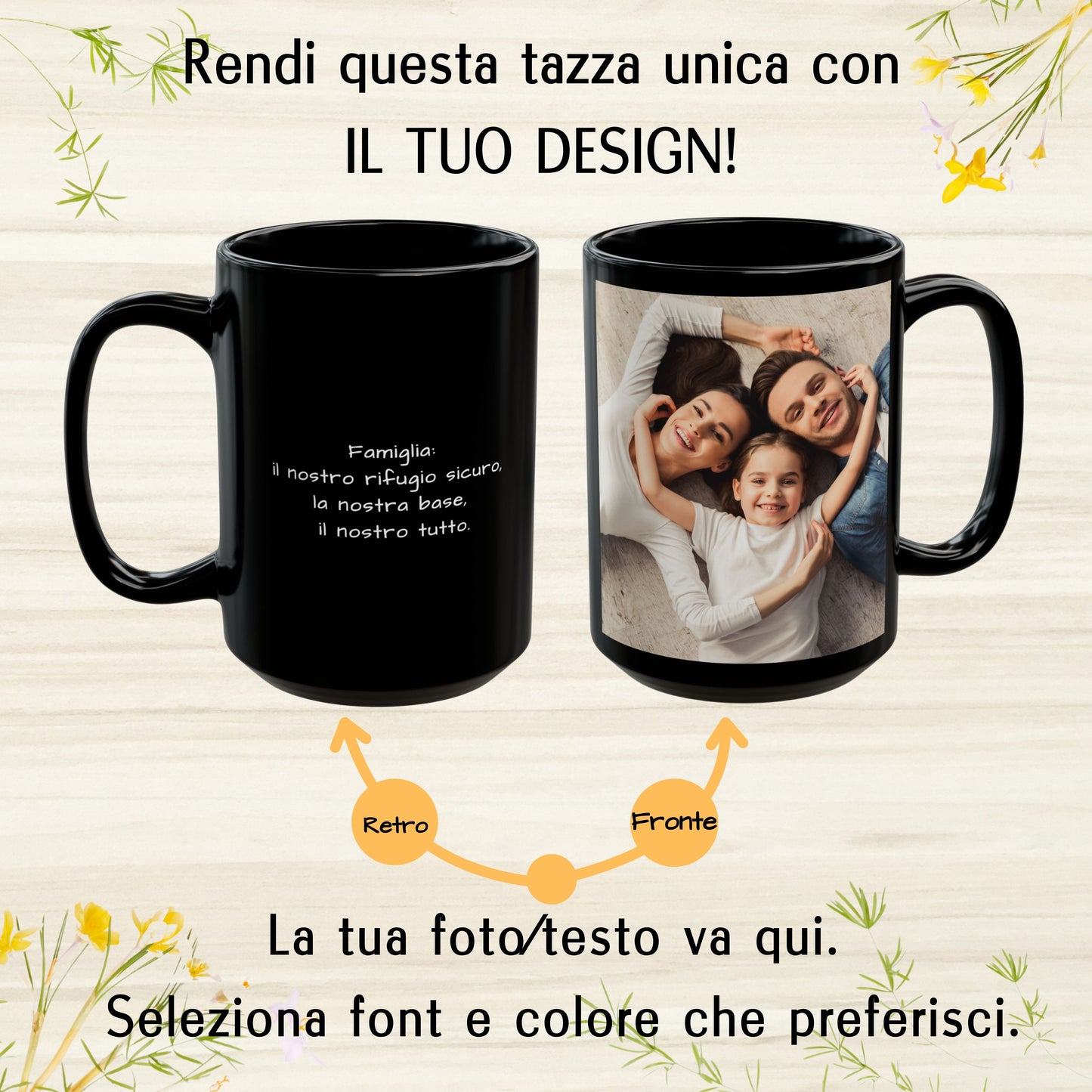 Tazza personalizzata, 425 ml Tutto nero Design quadrato Tazza da caffè in ceramica, Regalo personalizzato con foto, testo o logo