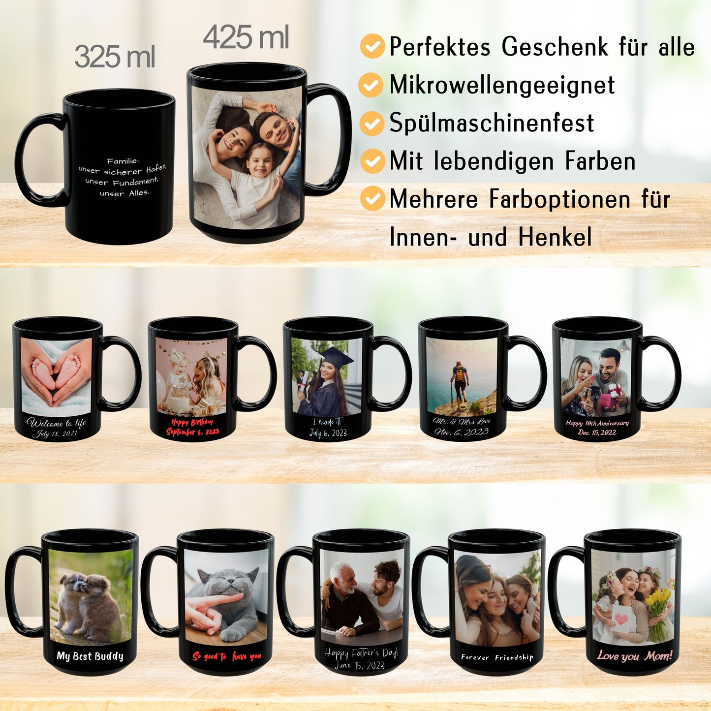Mug personnalisé, Mug en céramique noir mat de 425 ml, Design carré, Cadeau personnalisé avec photo, texte ou logo