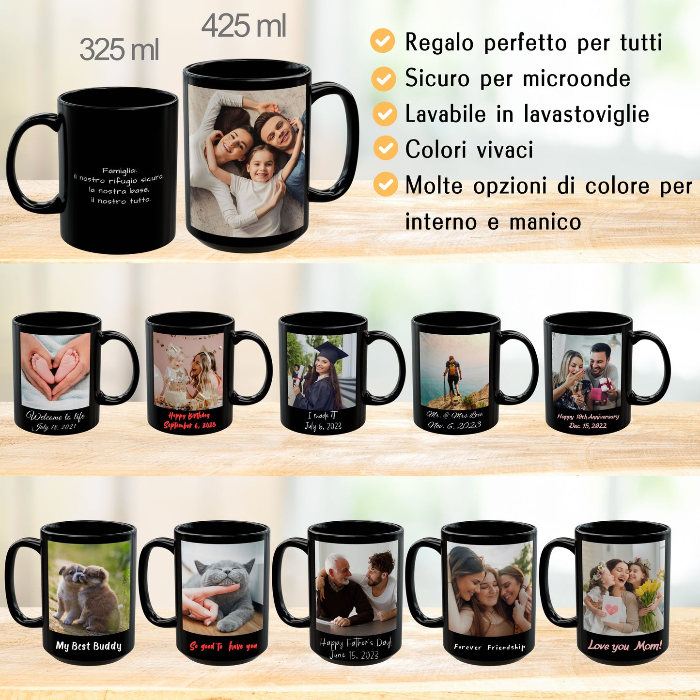 Tazza personalizzata, 425 ml Tutto nero Design quadrato Tazza da caffè in ceramica, Regalo personalizzato con foto, testo o logo