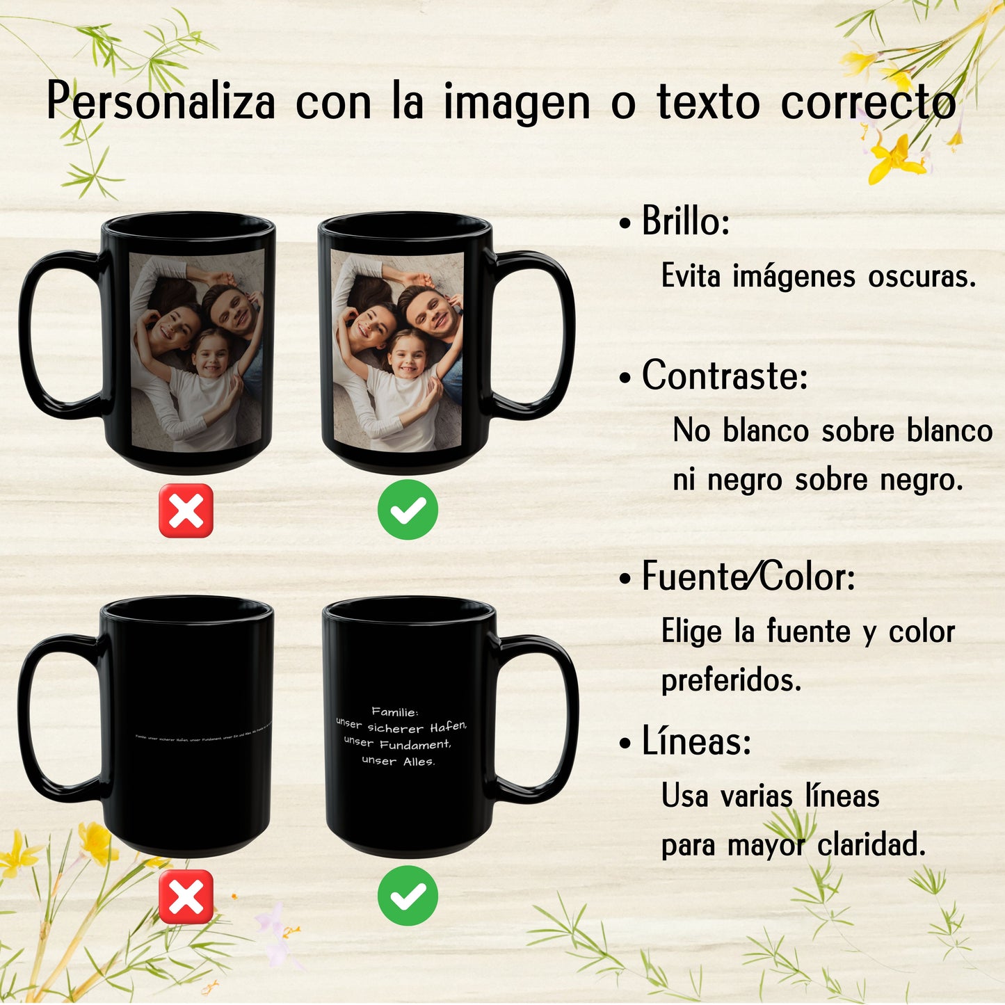 Mug personnalisé, Mug en céramique noir mat de 425 ml, Design carré, Cadeau personnalisé avec photo, texte ou logo
