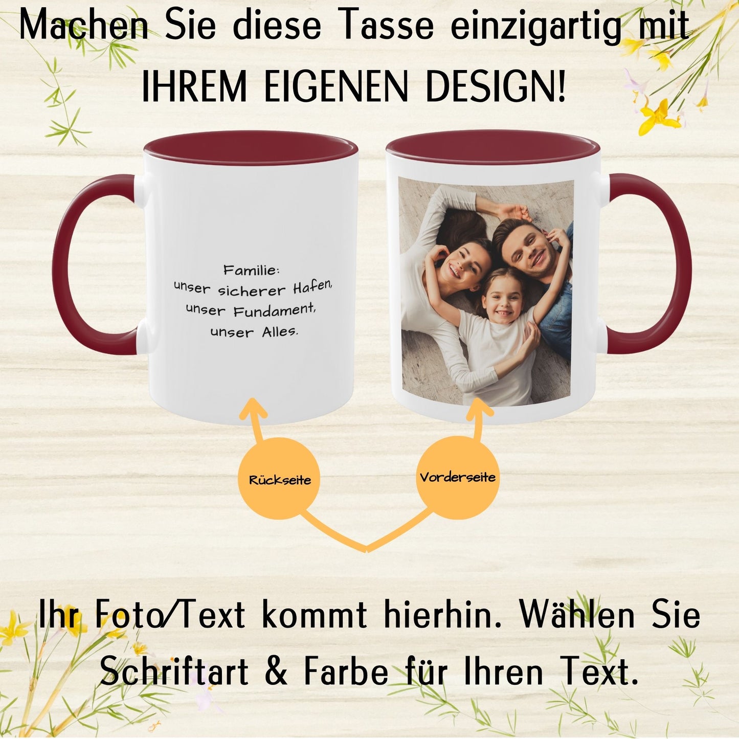 Mug personnalisé, 325 ml, blanc/marron, motif carré, en céramique, cadeau personnalisé avec photo, texte ou logo