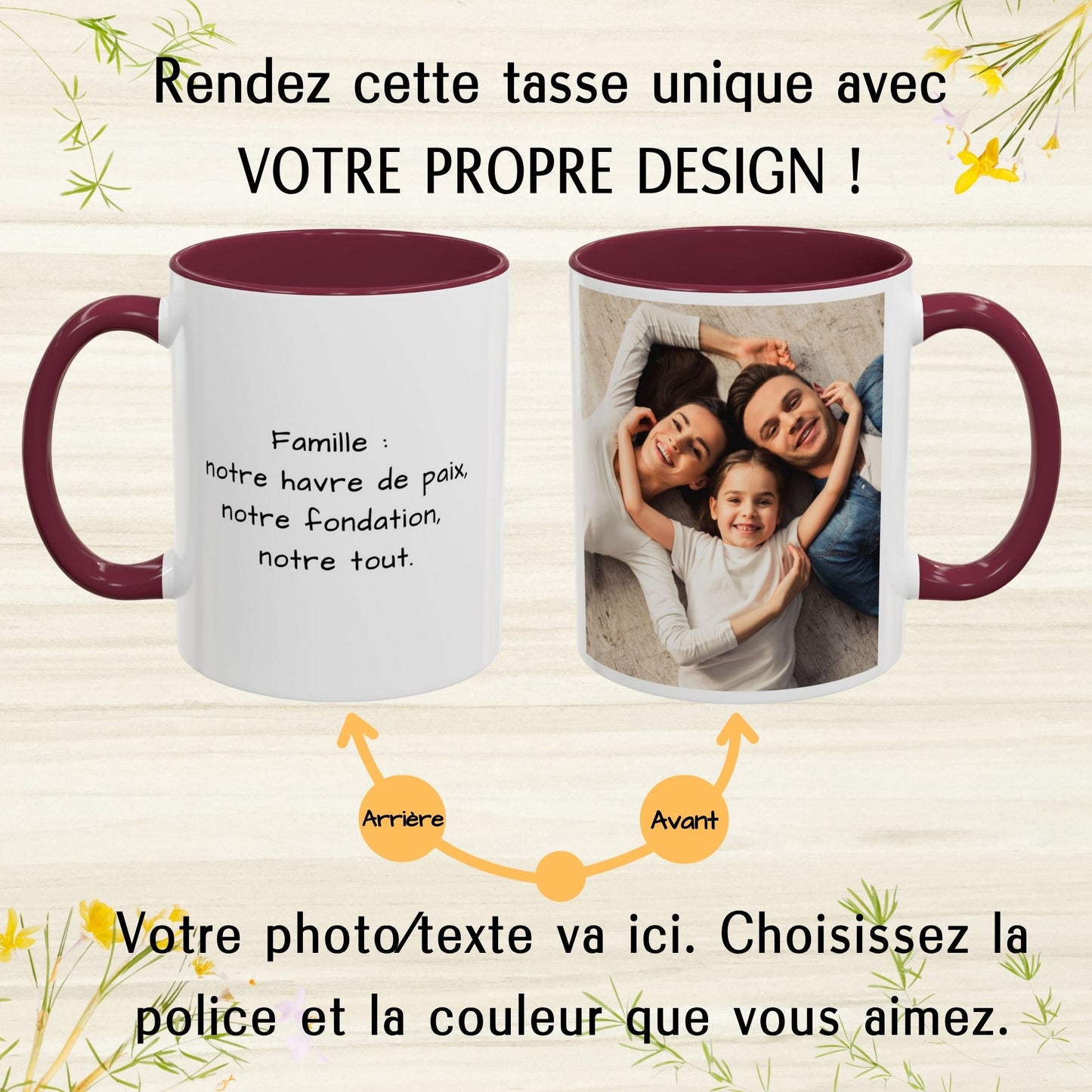 Custom Mug, 325ml White/Maroon Square Design Ceramic Coffee Mug, Personalized Gift with Photo, Text or Logo