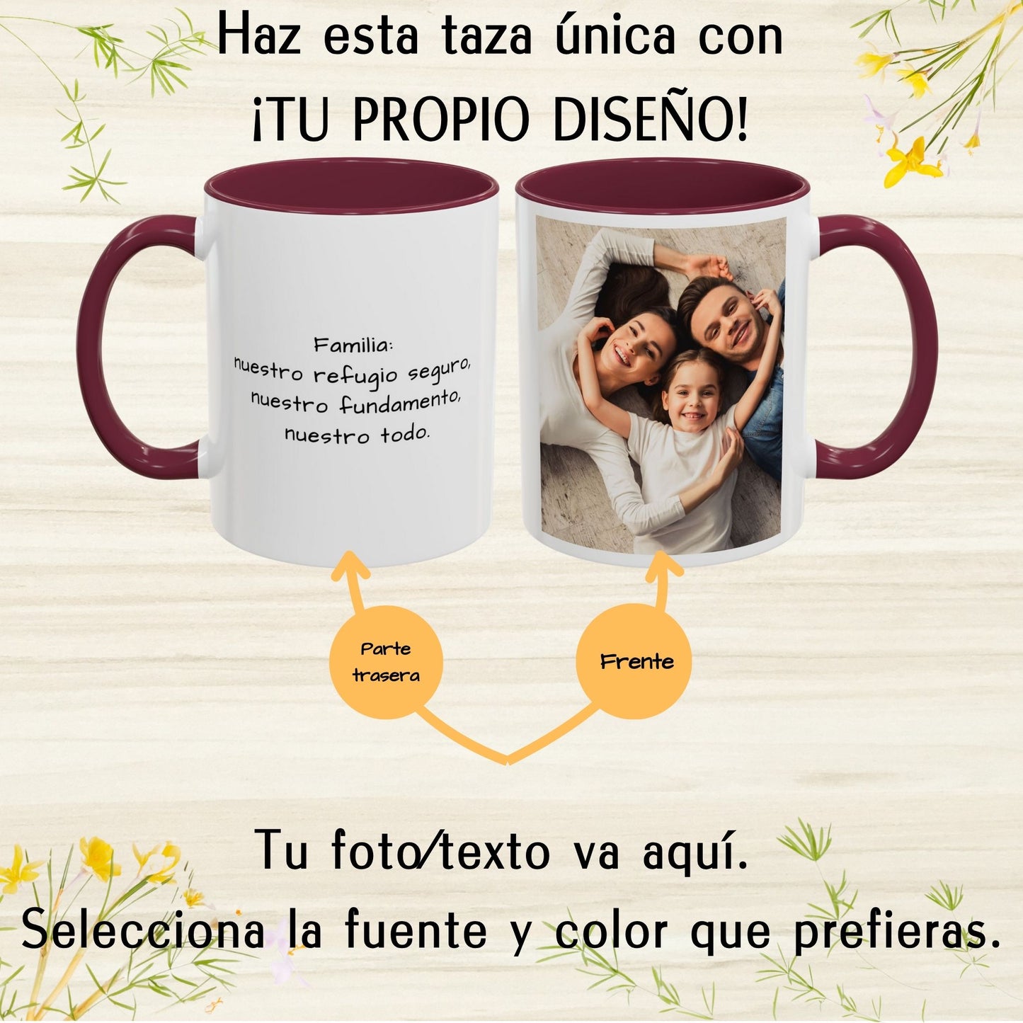 Mug personnalisé, 325ml Blanc/grenat Motif carré Céramique Mug à café, Cadeau personnalisé avec photo, texte ou logo