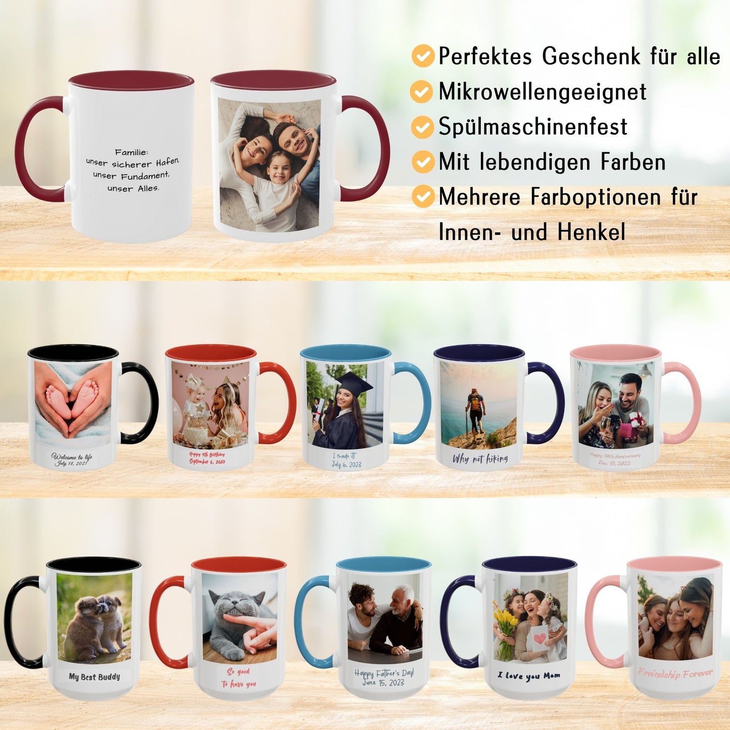 Mug personnalisé, 325 ml, blanc/marron, motif carré, en céramique, cadeau personnalisé avec photo, texte ou logo