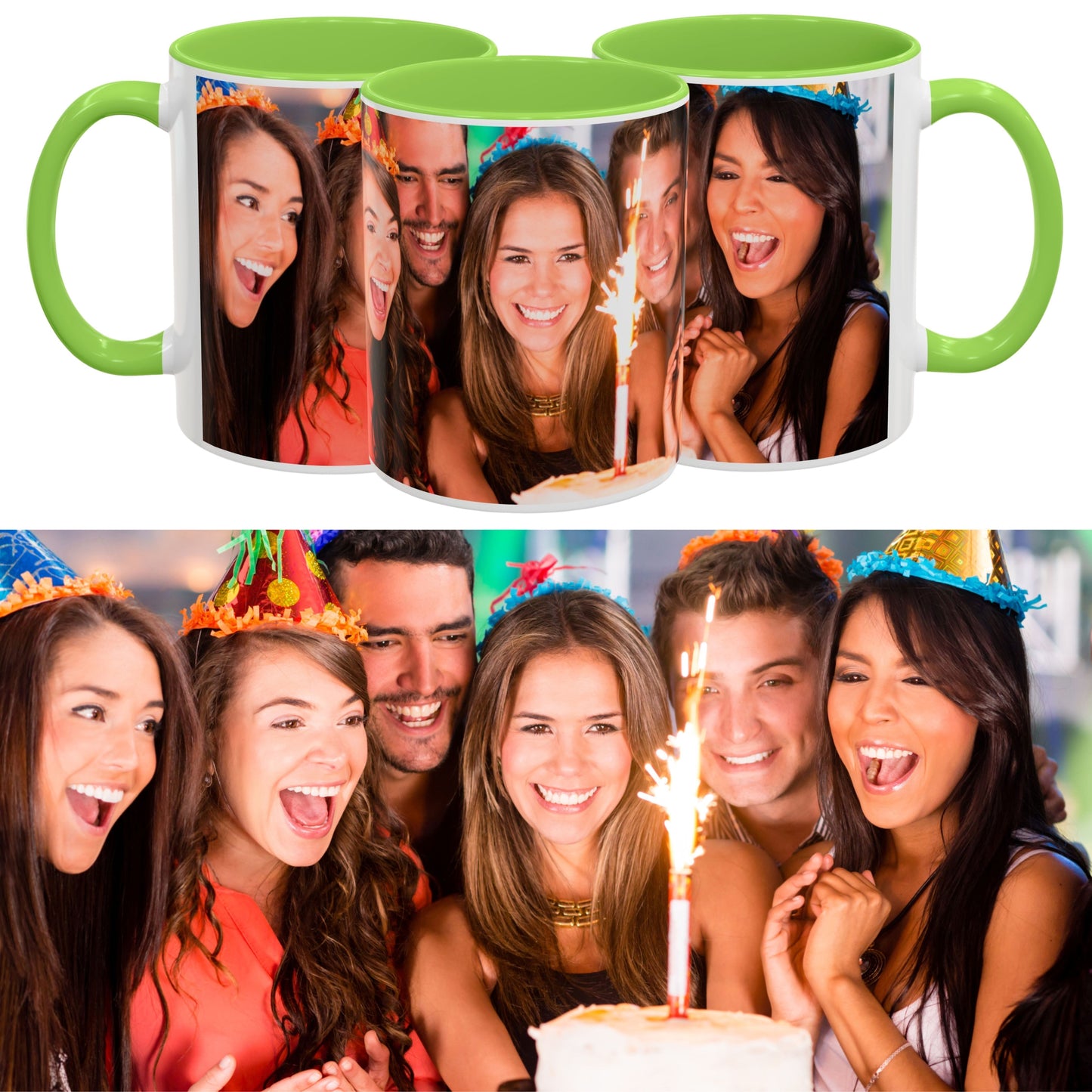 Personalisierte Tasse, weiß/hellgrün, 325 ml, Geschenkidee mit Foto, Text oder Logo, Rundum-Design