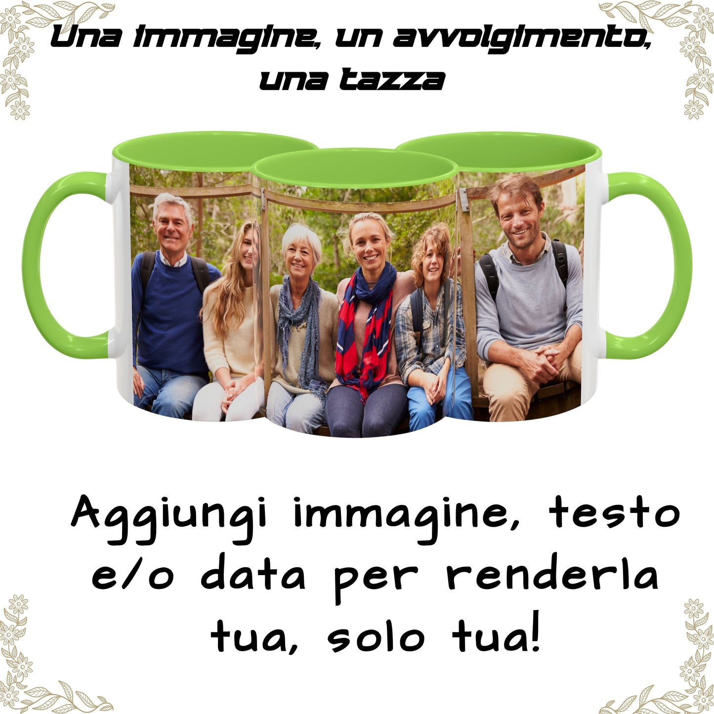 Personalisierte Tasse, 325 ml Weiß/Hellgrün Umlaufendes Design Keramik-Kaffeetasse, Personalisiertes Geschenk mit Foto, Text oder Logo