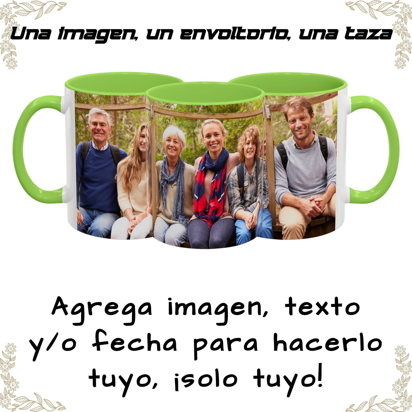 Taza personalizada, 325ml Blanco/verde claro Diseño envolvente Cerámica Taza de café, Regalo personalizado con foto, texto o logo