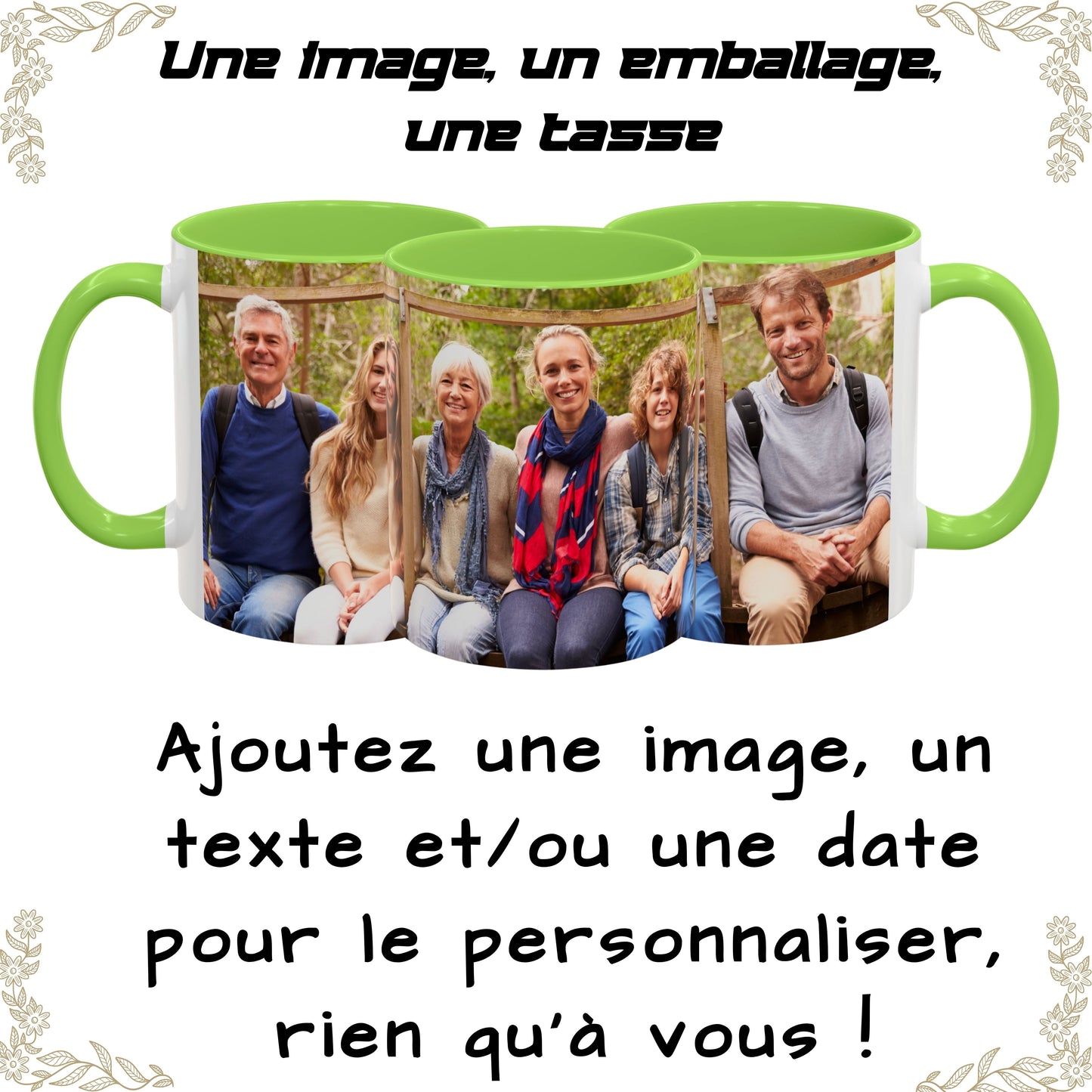 Mug personnalisé, mug en céramique blanc/vert clair de 325 ml avec motif enveloppant, cadeau personnalisé avec photo, texte ou logo