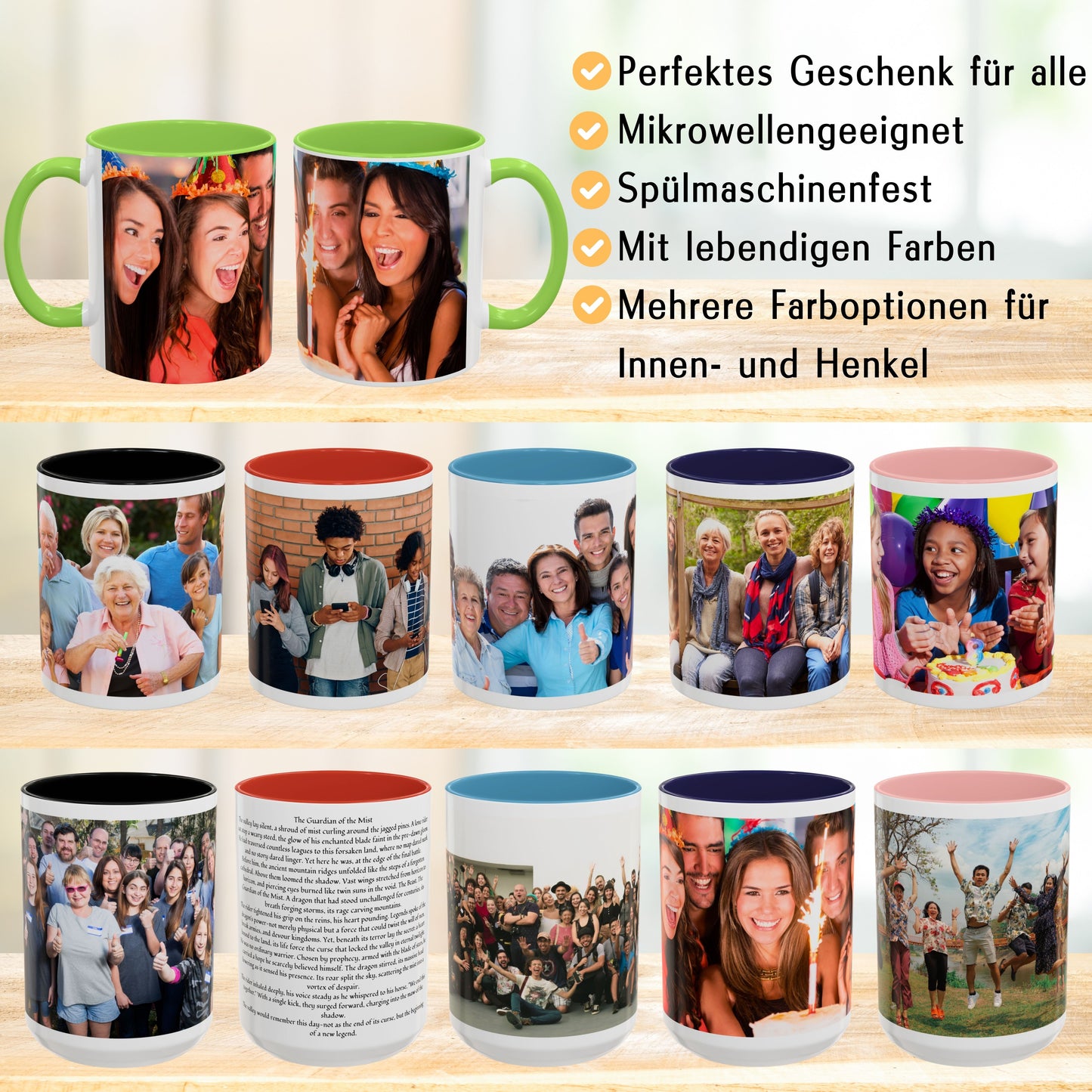 Personalisierte Tasse, weiß/hellgrün, 325 ml, Geschenkidee mit Foto, Text oder Logo, Rundum-Design