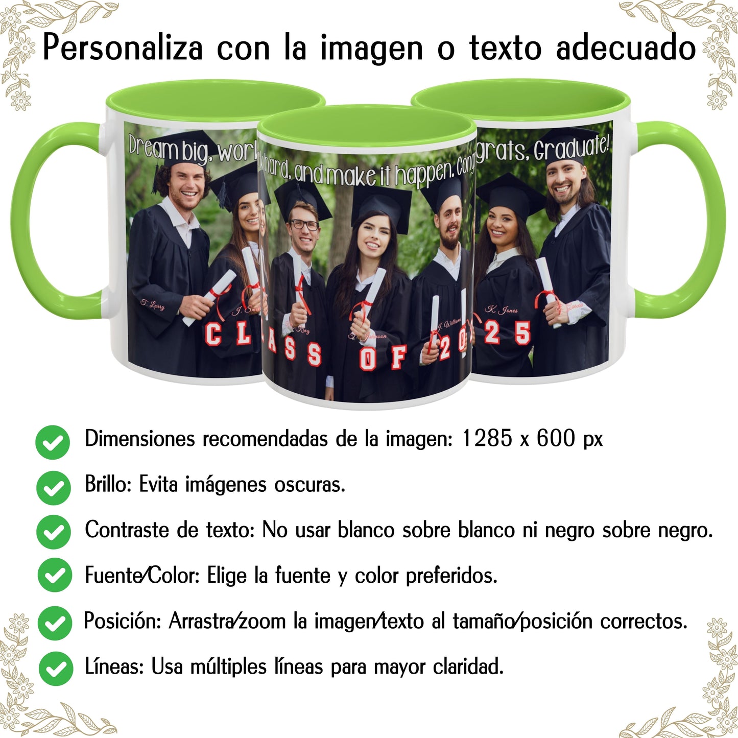Taza personalizada, 325ml Blanco/verde claro Diseño envolvente Cerámica Taza de café, Regalo personalizado con foto, texto o logo