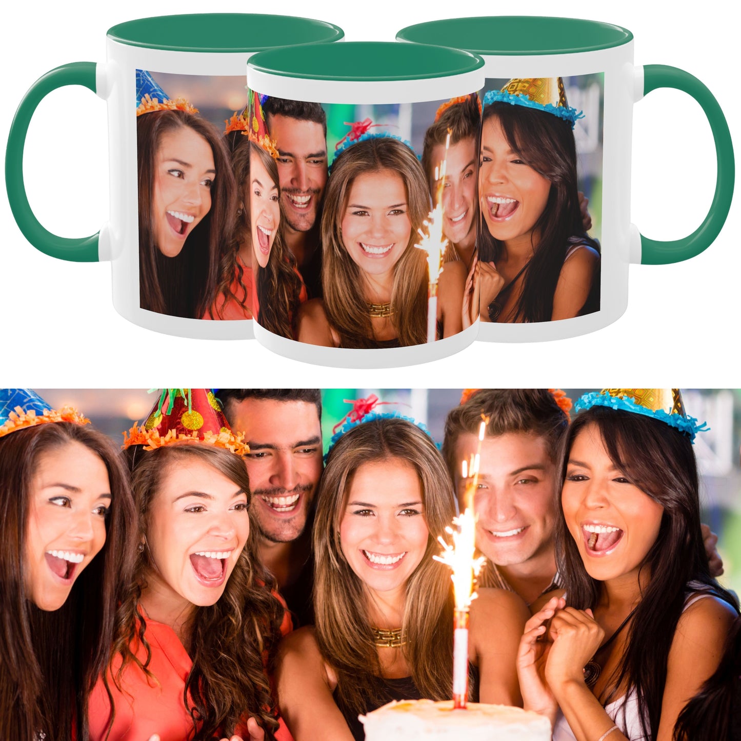 Personalisierte Tasse Weiß/Grün, 325 ml, Geschenkidee mit Foto, Text oder Logo, Rundum-Design
