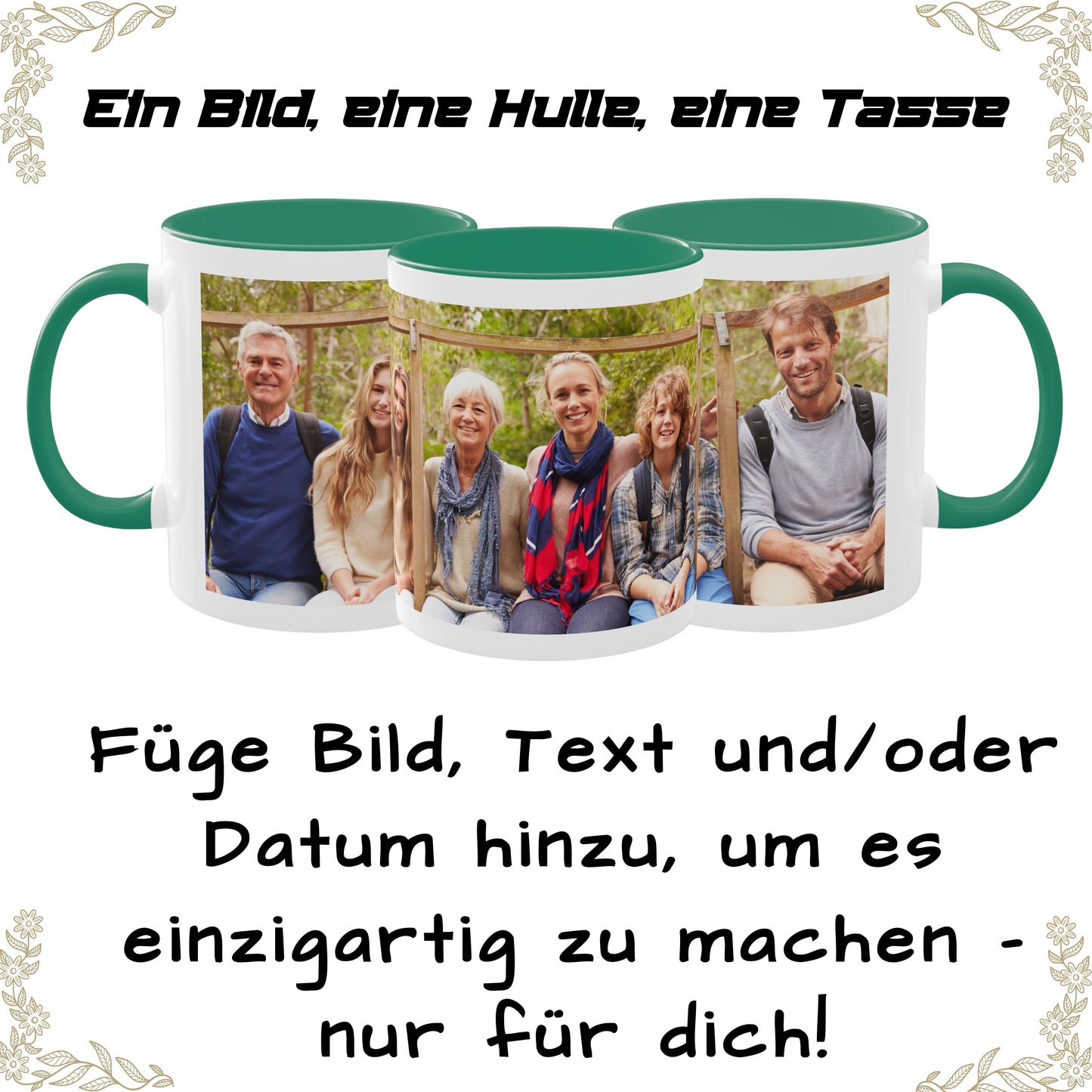 Personalisierte Tasse Weiß/Grün, 325 ml, Geschenkidee mit Foto, Text oder Logo, Rundum-Design