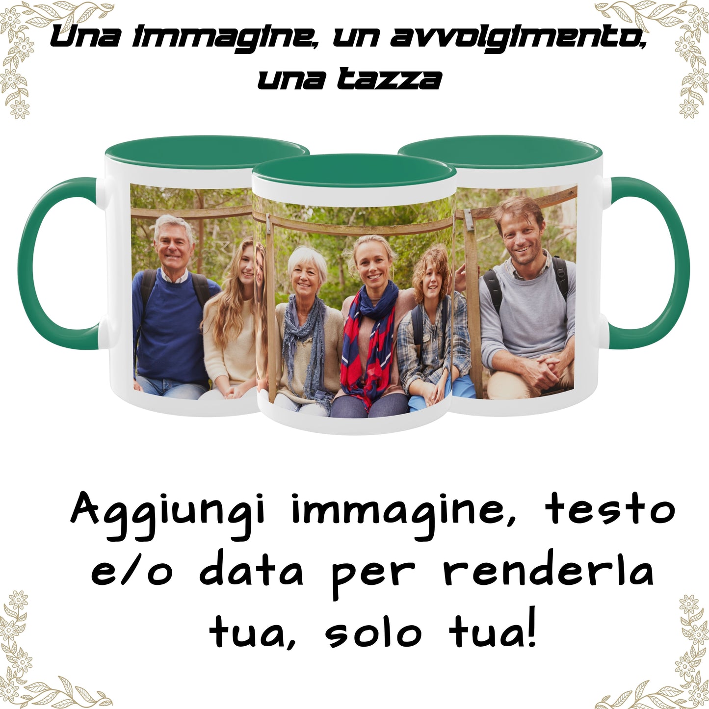 Tazza personalizzata, 325 ml Bianco/verde Design avvolgente Tazza da caffè in ceramica, Regalo personalizzato con foto, testo o logo