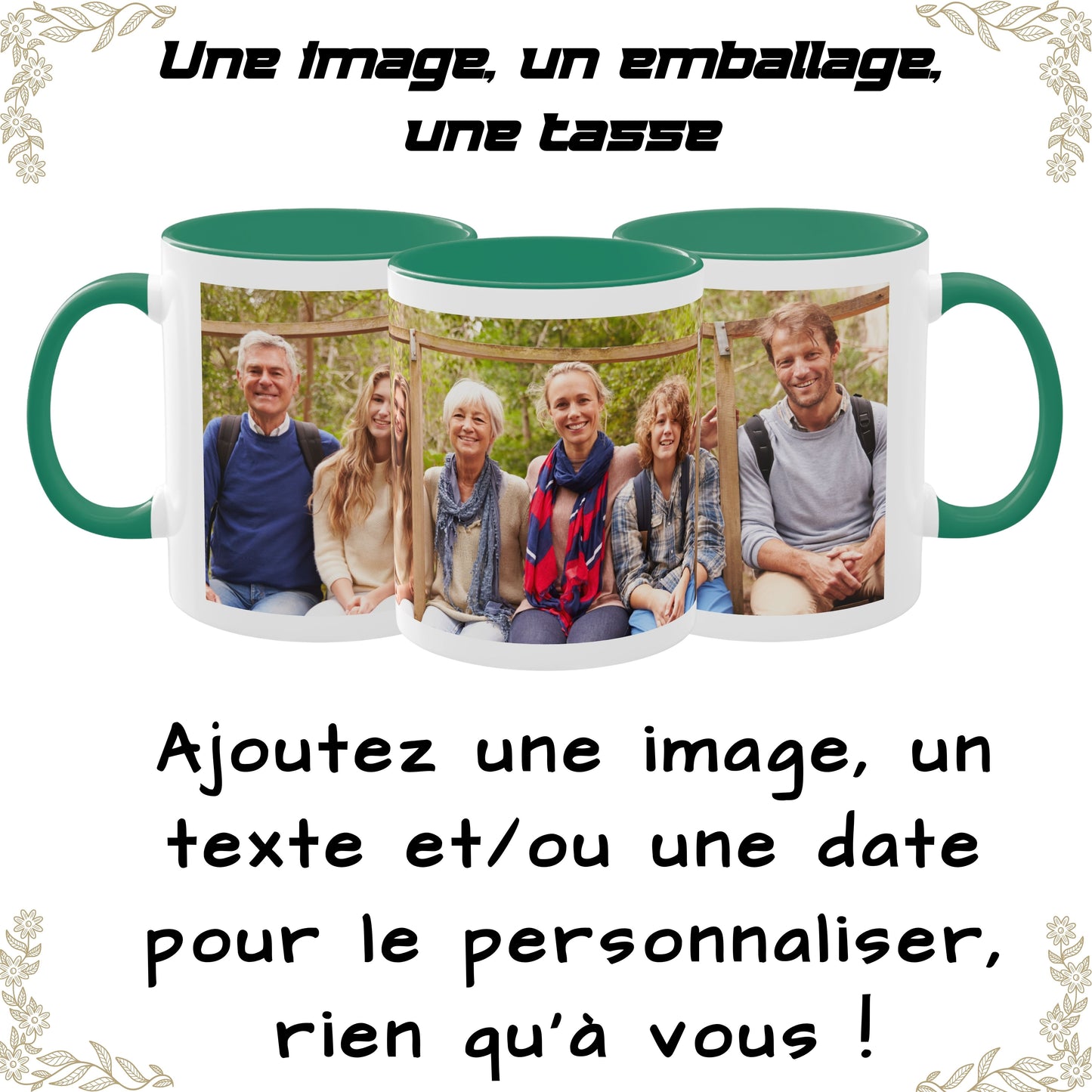 Mug personnalisé, 325 ml Blanc/Vert, Tasse à café en céramique avec motif enveloppant, Cadeau personnalisé avec photo, texte ou logo