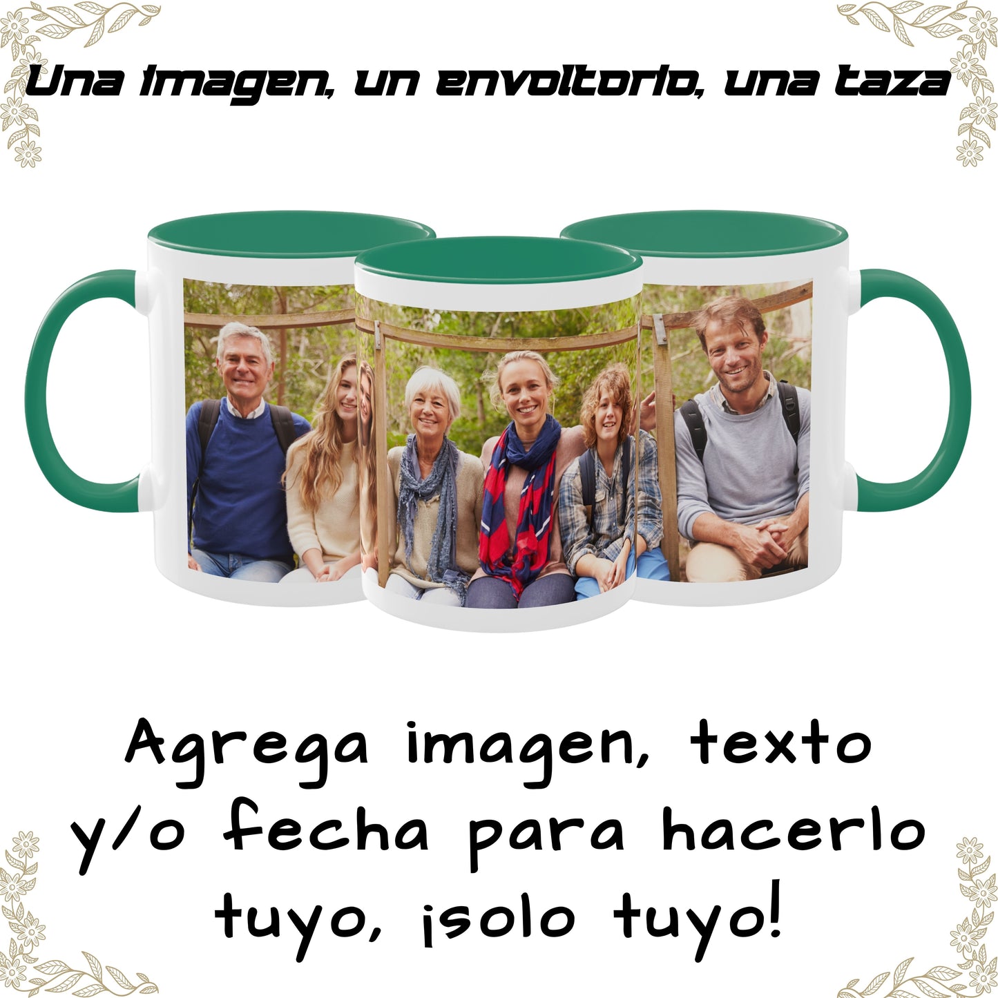 Personalisierte Tasse, 325ml Weiß/Grün Umlaufendes Design Keramik Kaffeetasse, Personalisiertes Geschenk mit Foto, Text oder Logo
