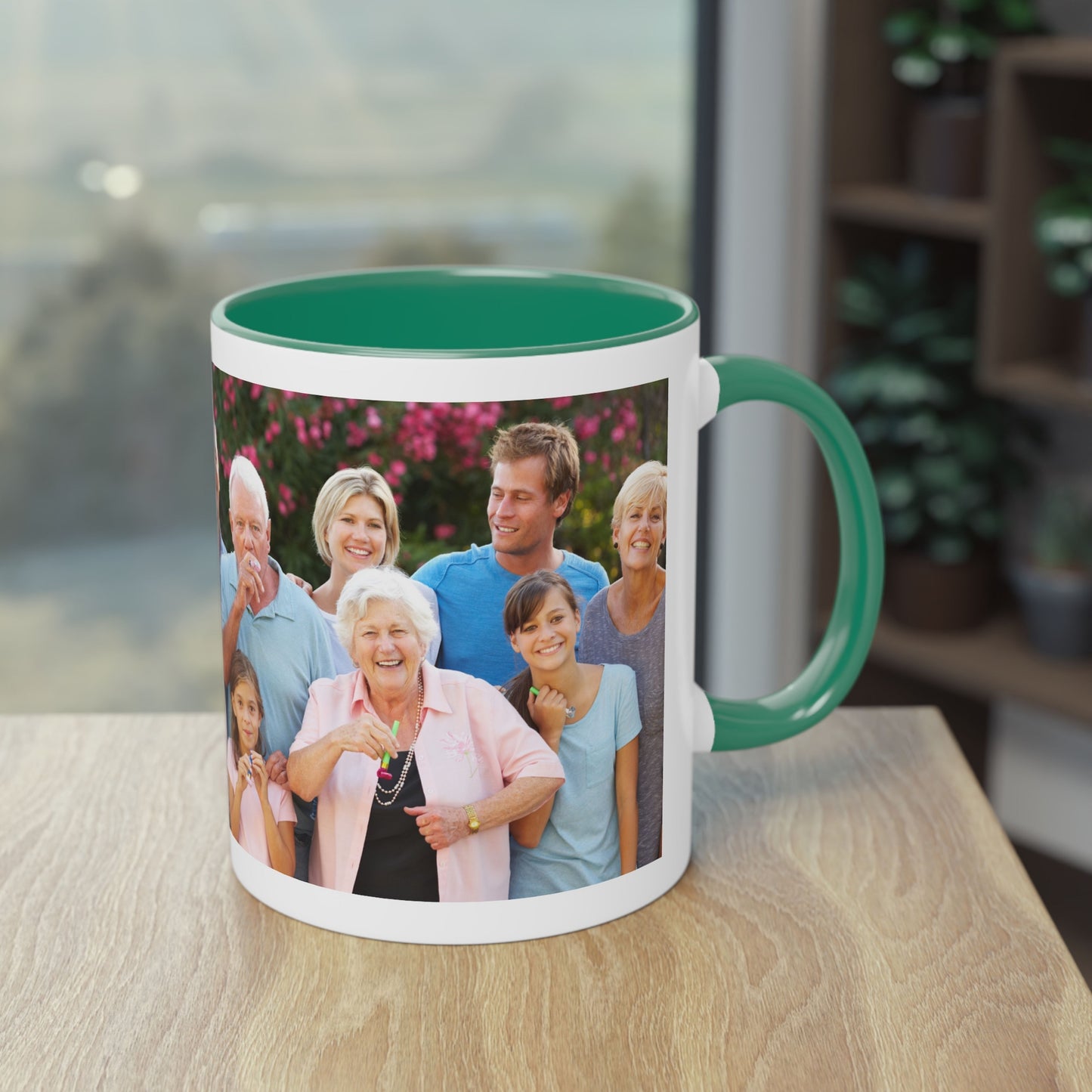 Personalisierte Tasse Weiß/Grün, 325 ml, Geschenkidee mit Foto, Text oder Logo, Rundum-Design