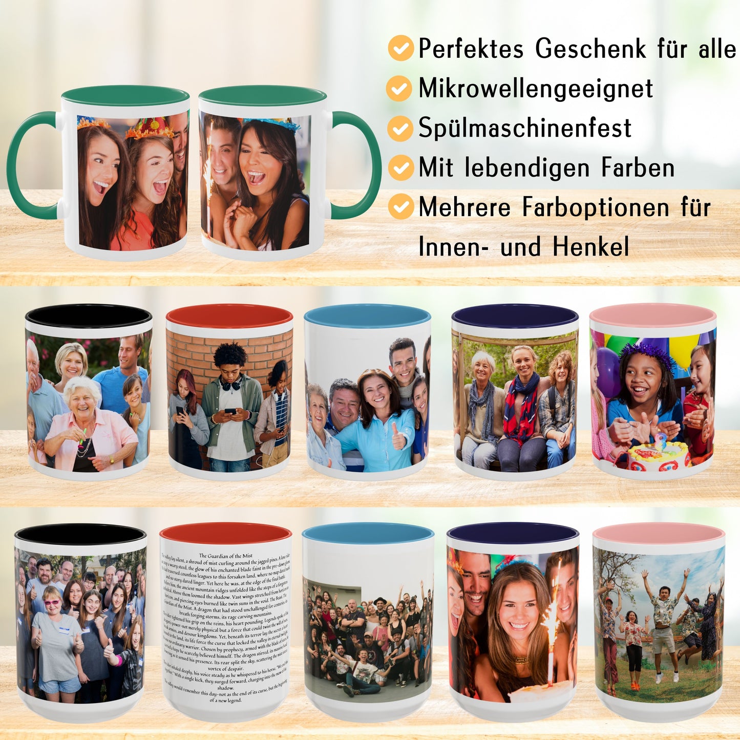 Personalisierte Tasse Weiß/Grün, 325 ml, Geschenkidee mit Foto, Text oder Logo, Rundum-Design