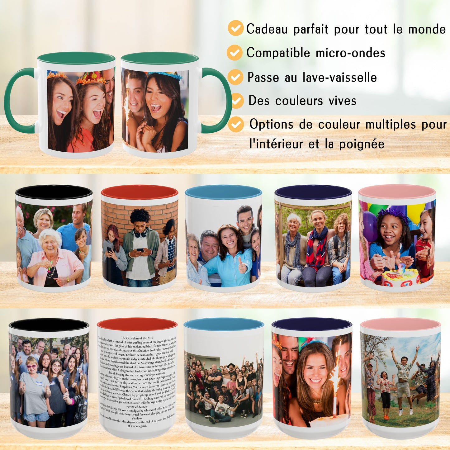 Mug personnalisé, 325 ml Blanc/Vert, Tasse à café en céramique avec motif enveloppant, Cadeau personnalisé avec photo, texte ou logo