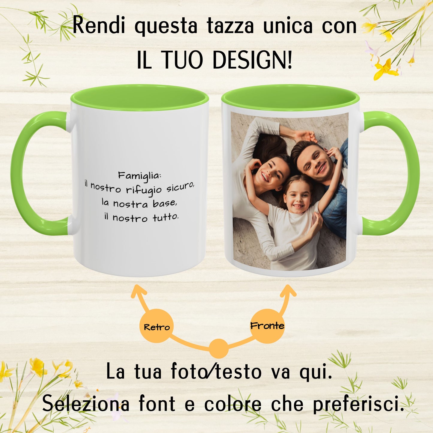 Tazza personalizzata, 325 ml Bianco/verde chiaro Design quadrato Tazza da caffè in ceramica, Regalo personalizzato con foto, testo o logo