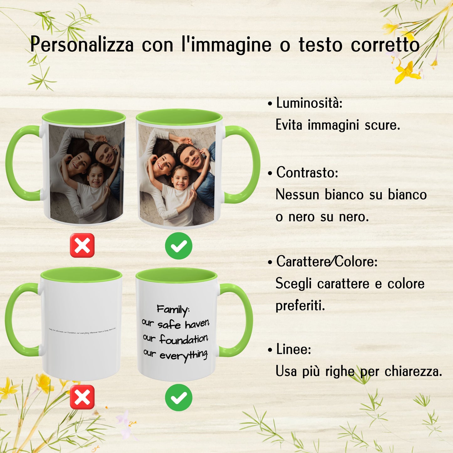 Tazza personalizzata, 325 ml Bianco/verde chiaro Design quadrato Tazza da caffè in ceramica, Regalo personalizzato con foto, testo o logo