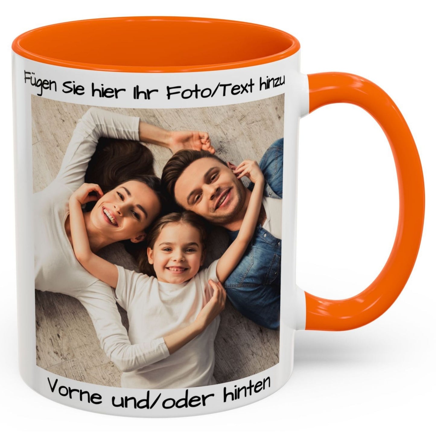 Personalisierte Tasse, weiß/orange, 325 ml, mit Foto, Text oder Logo, quadratisches Design