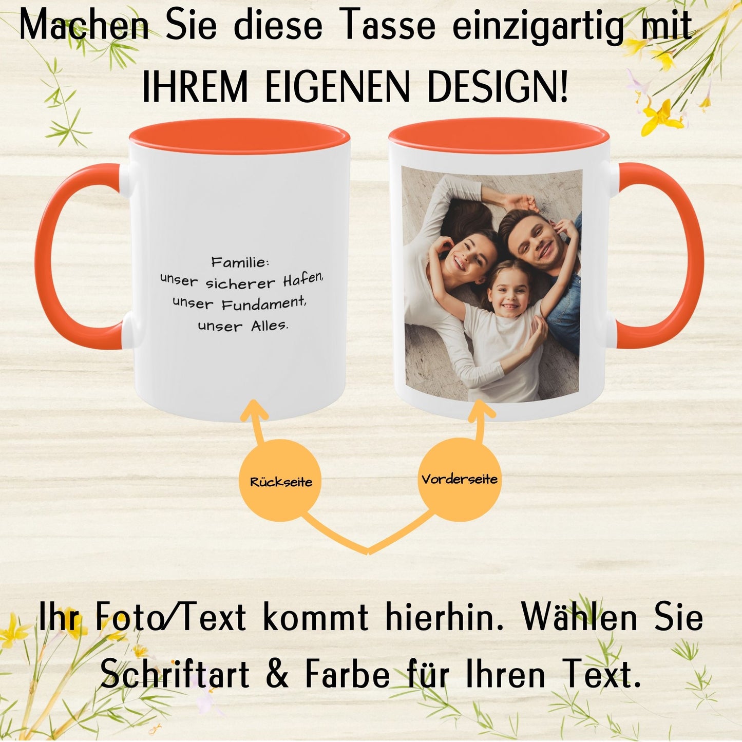 Personalisierte Tasse, weiß/orange, 325 ml, mit Foto, Text oder Logo, quadratisches Design