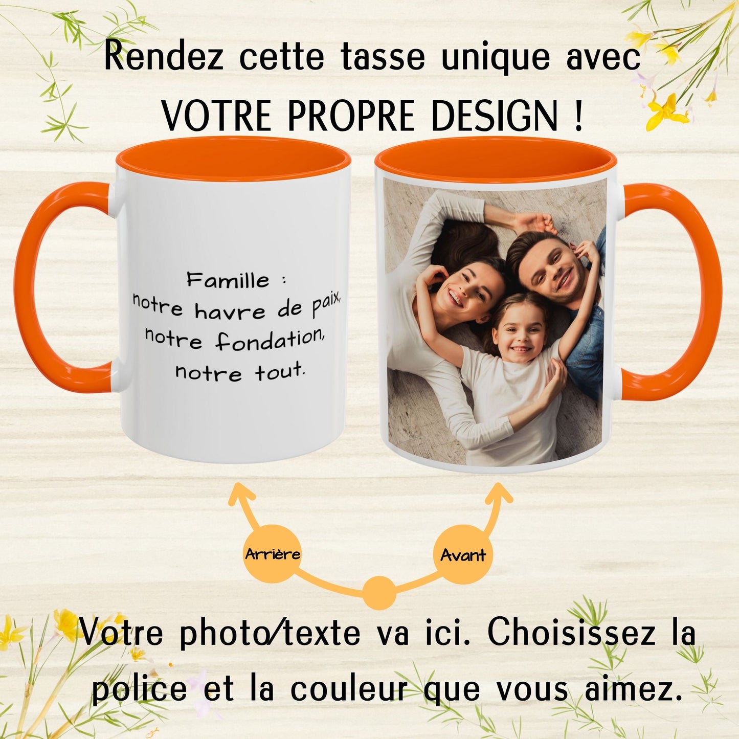 Tasse personnalisée, 325 ml, en céramique, blanche/orange, motif carré, cadeau personnalisé avec photo, texte ou logo