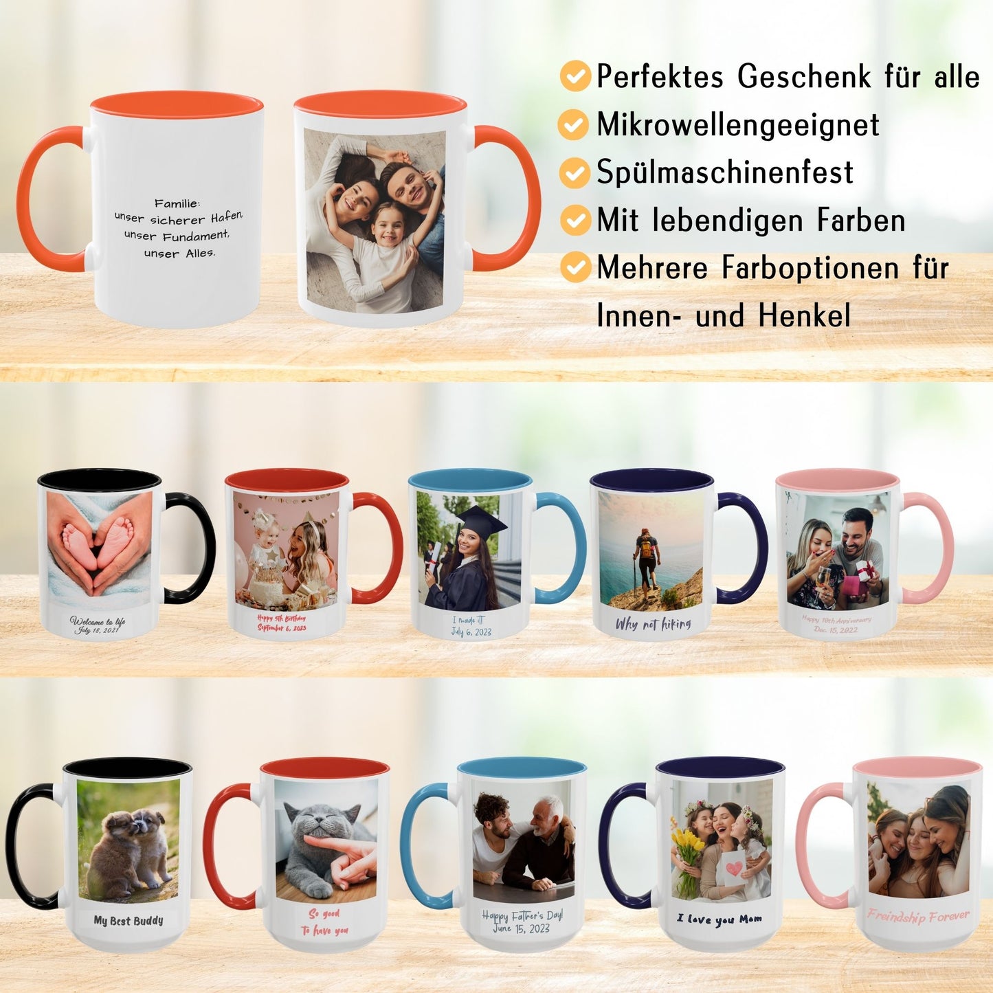 Personalisierte Tasse, weiß/orange, 325 ml, mit Foto, Text oder Logo, quadratisches Design