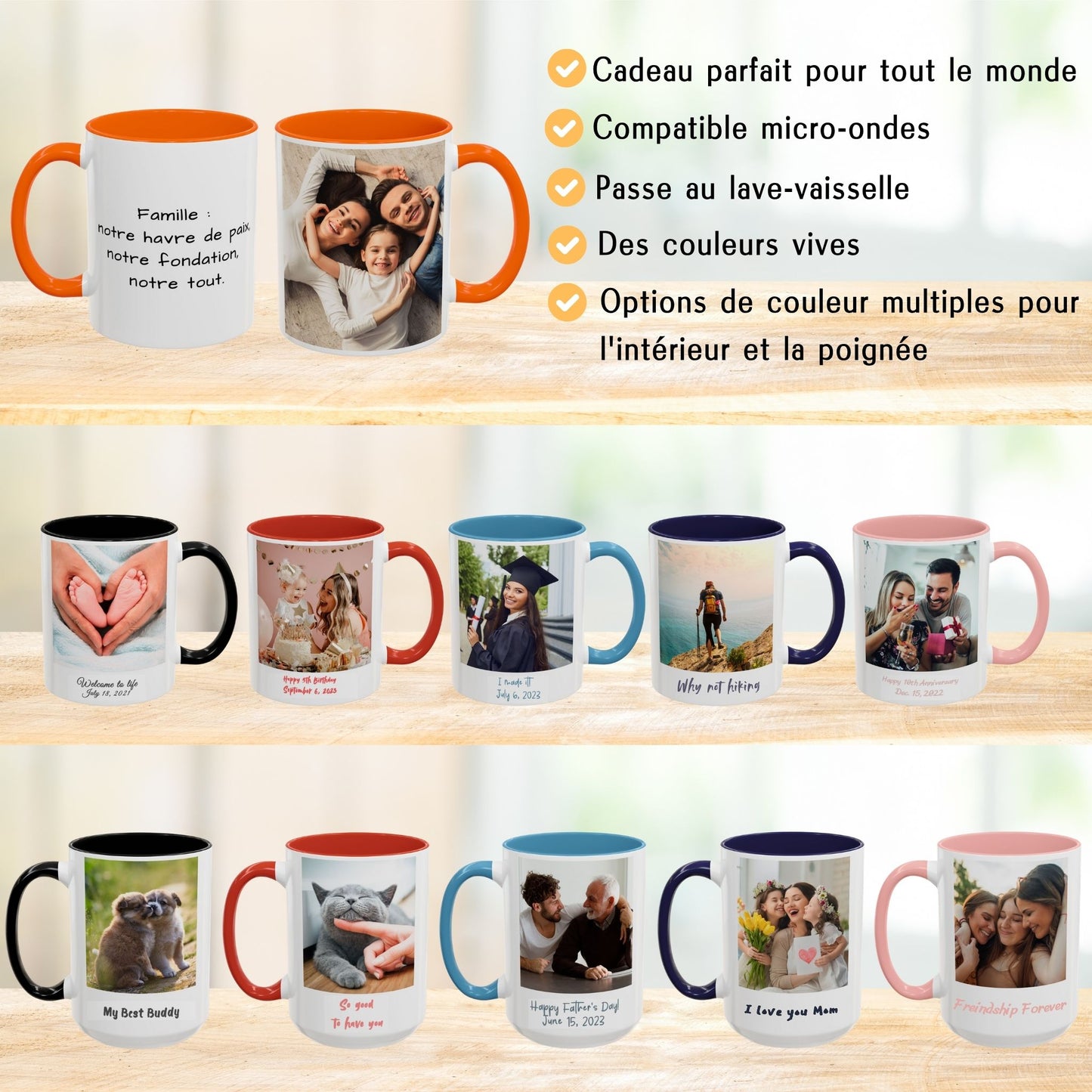 Tasse personnalisée, 325 ml, en céramique, blanche/orange, motif carré, cadeau personnalisé avec photo, texte ou logo