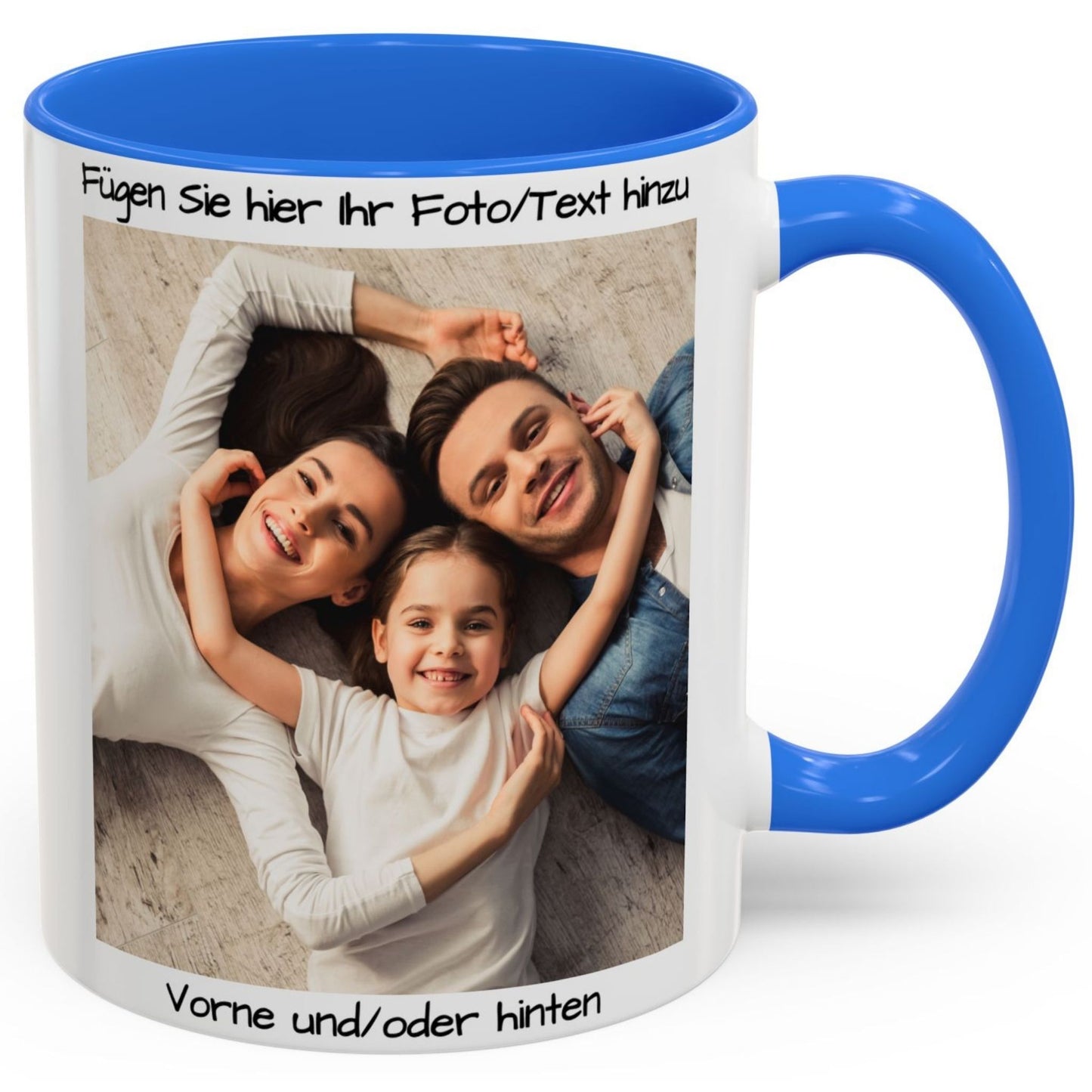Personalisierte Tasse, weiß/Cambridge-Blau, 325 ml, Geschenkidee mit Foto, Text oder Logo, quadratisches Design