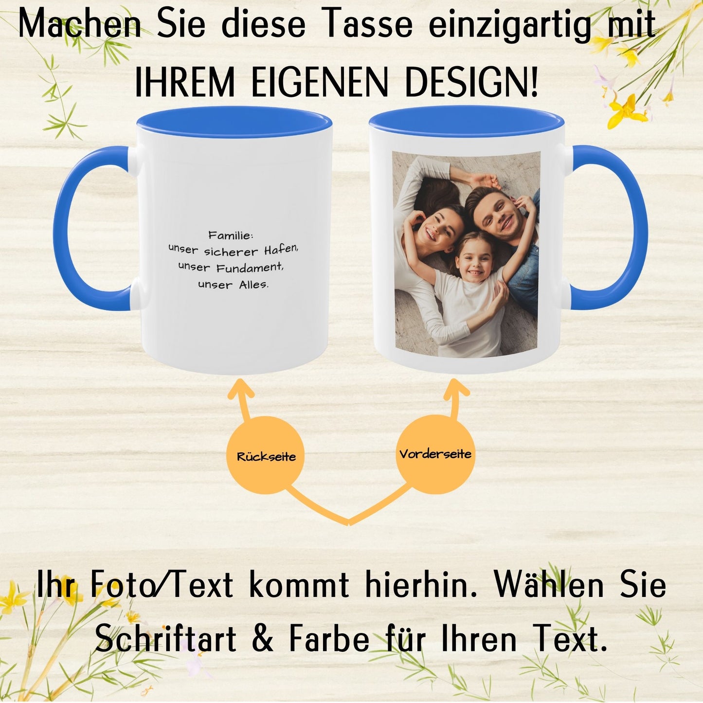 Personalisierte Tasse, weiß/Cambridge-Blau, 325 ml, Geschenkidee mit Foto, Text oder Logo, quadratisches Design