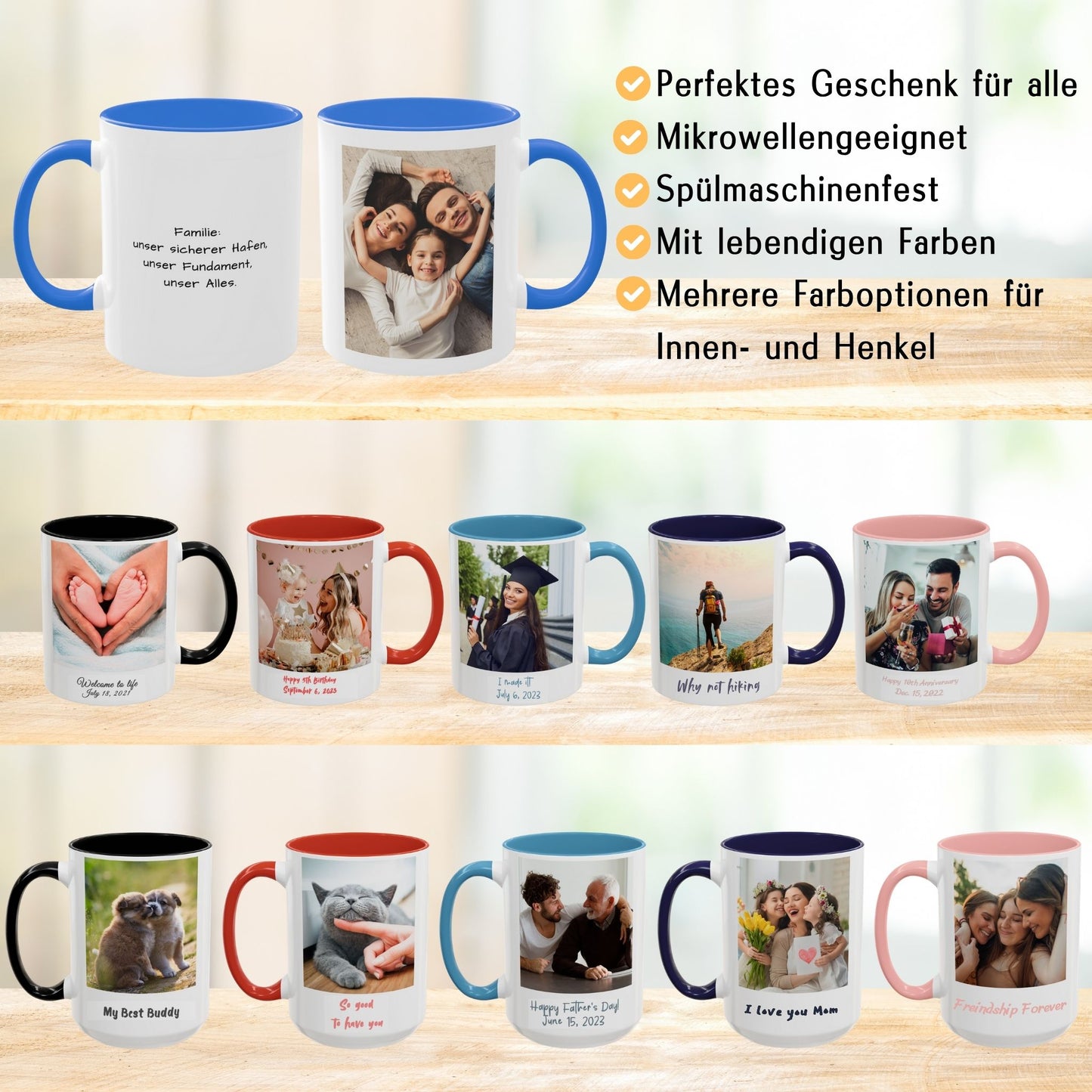 Personalisierte Tasse, weiß/Cambridge-Blau, 325 ml, Geschenkidee mit Foto, Text oder Logo, quadratisches Design