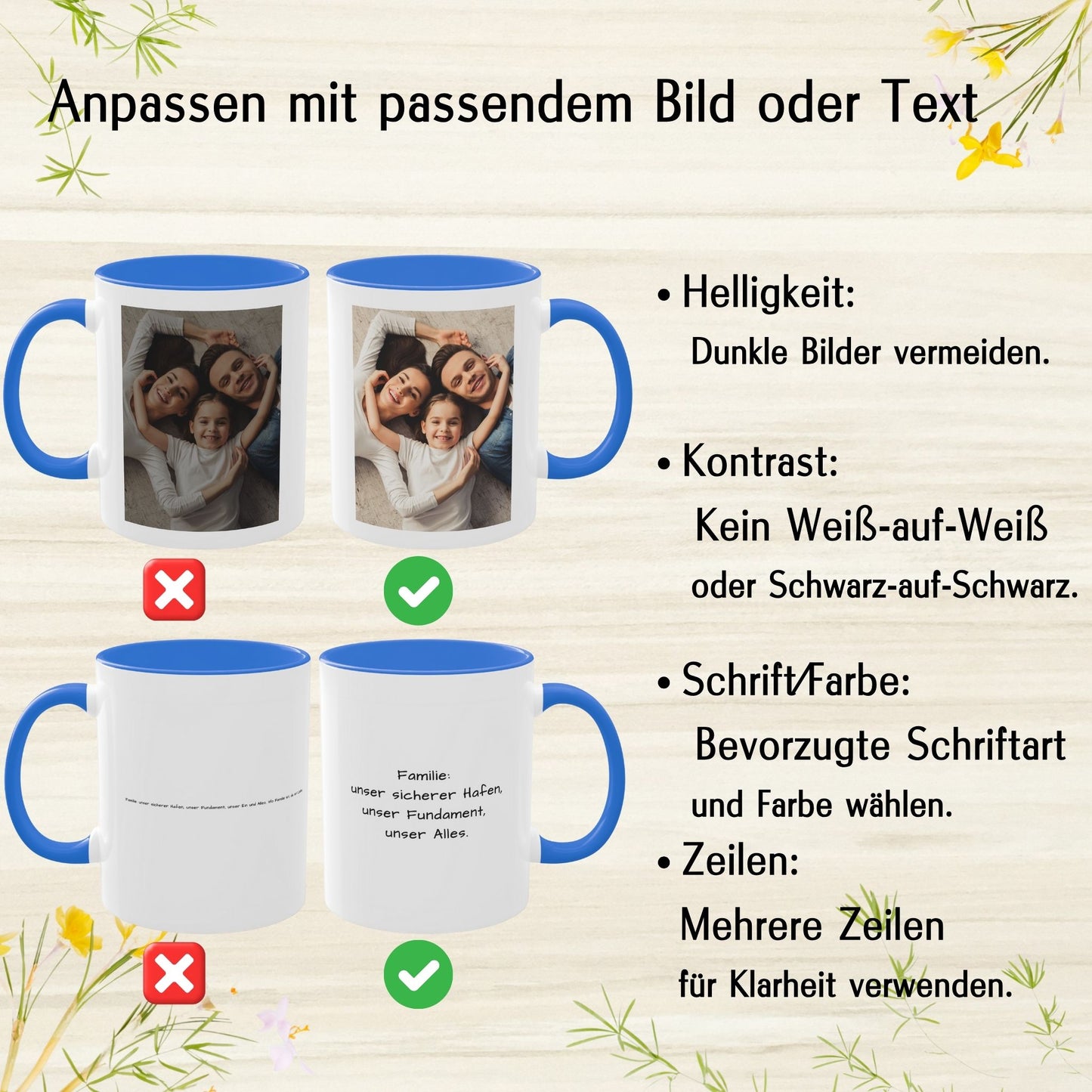Personalisierte Tasse, weiß/Cambridge-Blau, 325 ml, Geschenkidee mit Foto, Text oder Logo, quadratisches Design